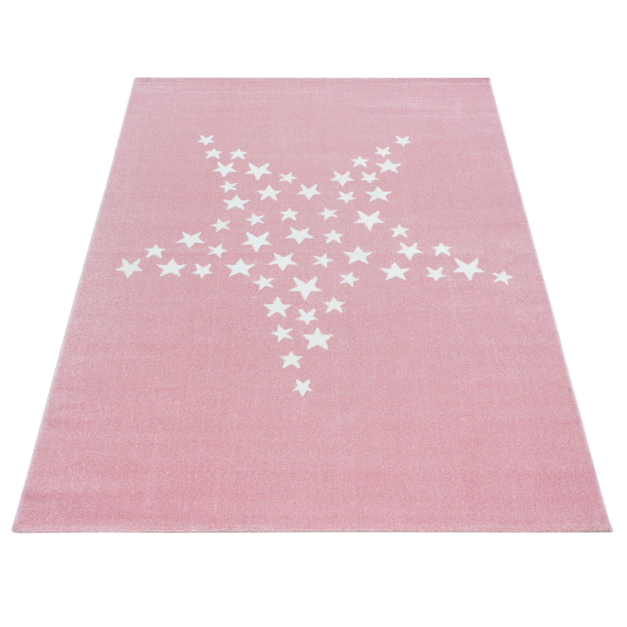 Kurzflor Kinderteppich Sterne Design Kinderzimmer Teppich Soft Farbe Pink Weiss