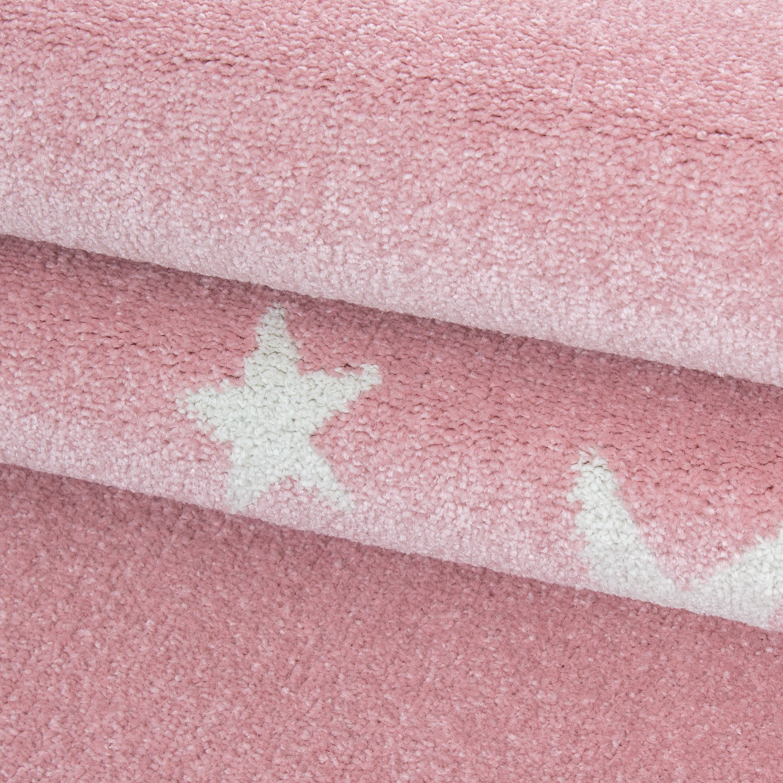 Kurzflor Kinderteppich Sterne Design Kinderzimmer Teppich Soft Farbe Pink Weiss