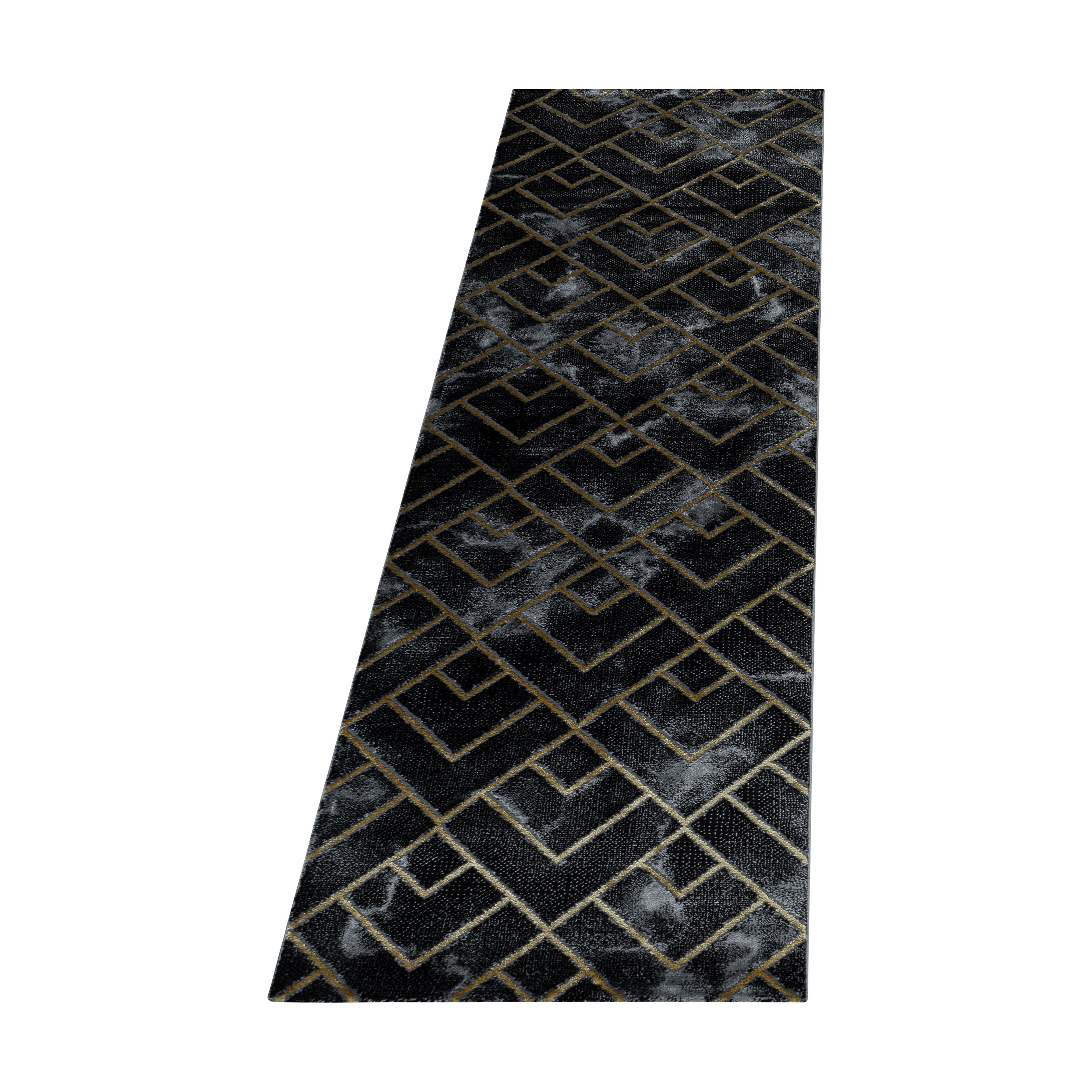 Bettumrandung Teppich Kurzflor 3D Linien Marmoriert Design Schlafzimmer 12 mm Florhöhe Hochfertig Weich Rechteckig 3 Teile Läufer Schwarz Gold