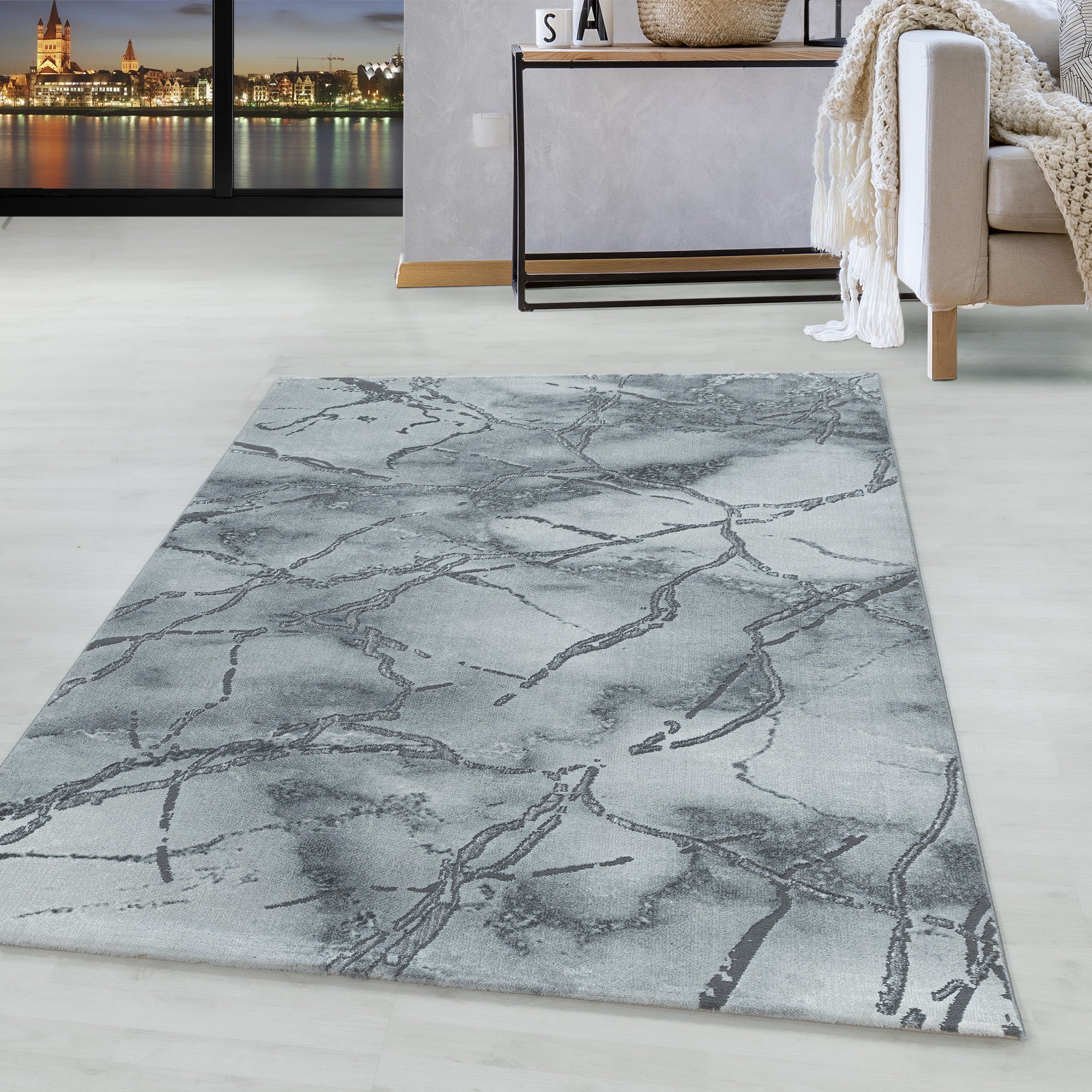 Kurzflor Design Teppich Wohnzimmerteppich Marmor Muster Marmoriert Silber