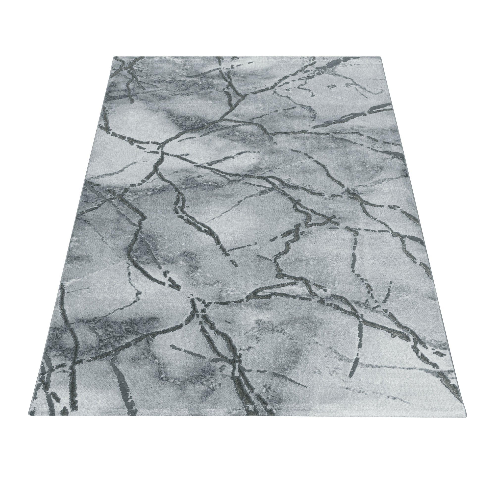 Kurzflor Design Teppich Wohnzimmerteppich Marmor Muster Marmoriert Silber