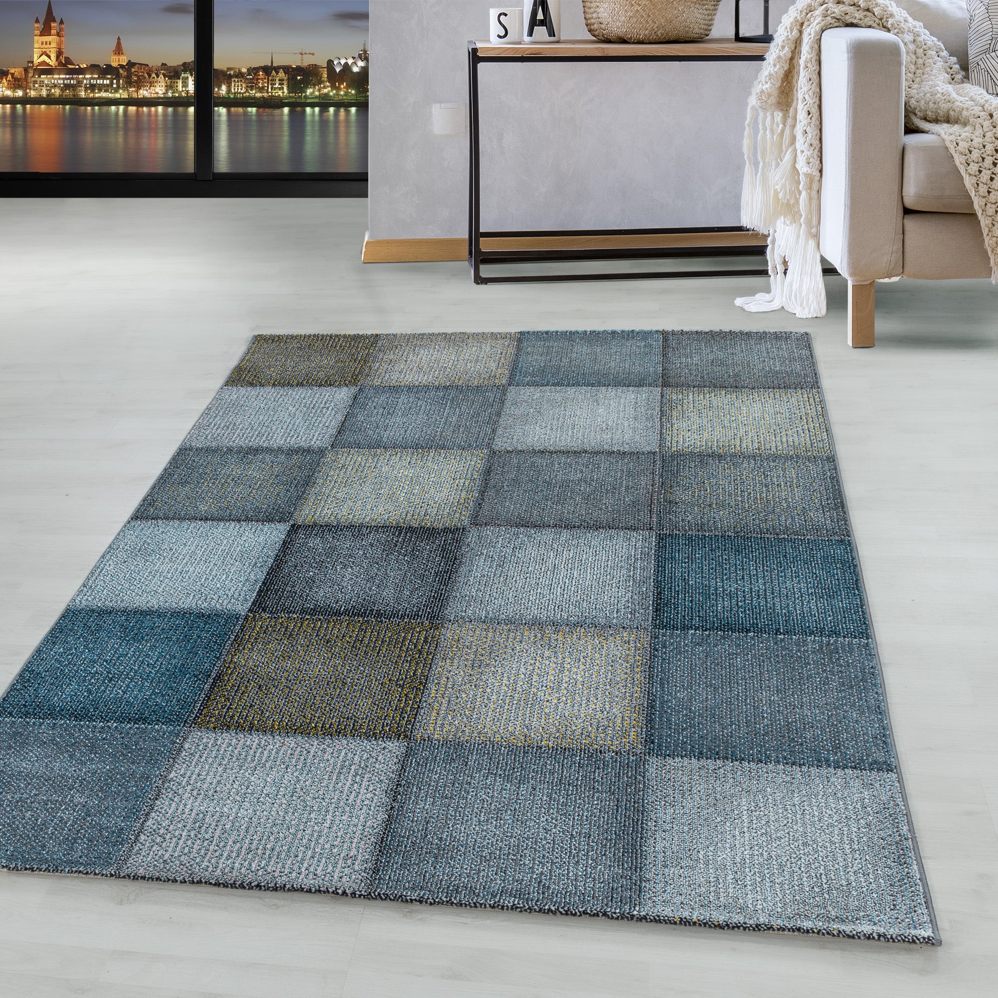 Kurzflor Teppich Blau Grau Modernes W HomebyHome – Wohnteppich Quadrat Pixel Muster