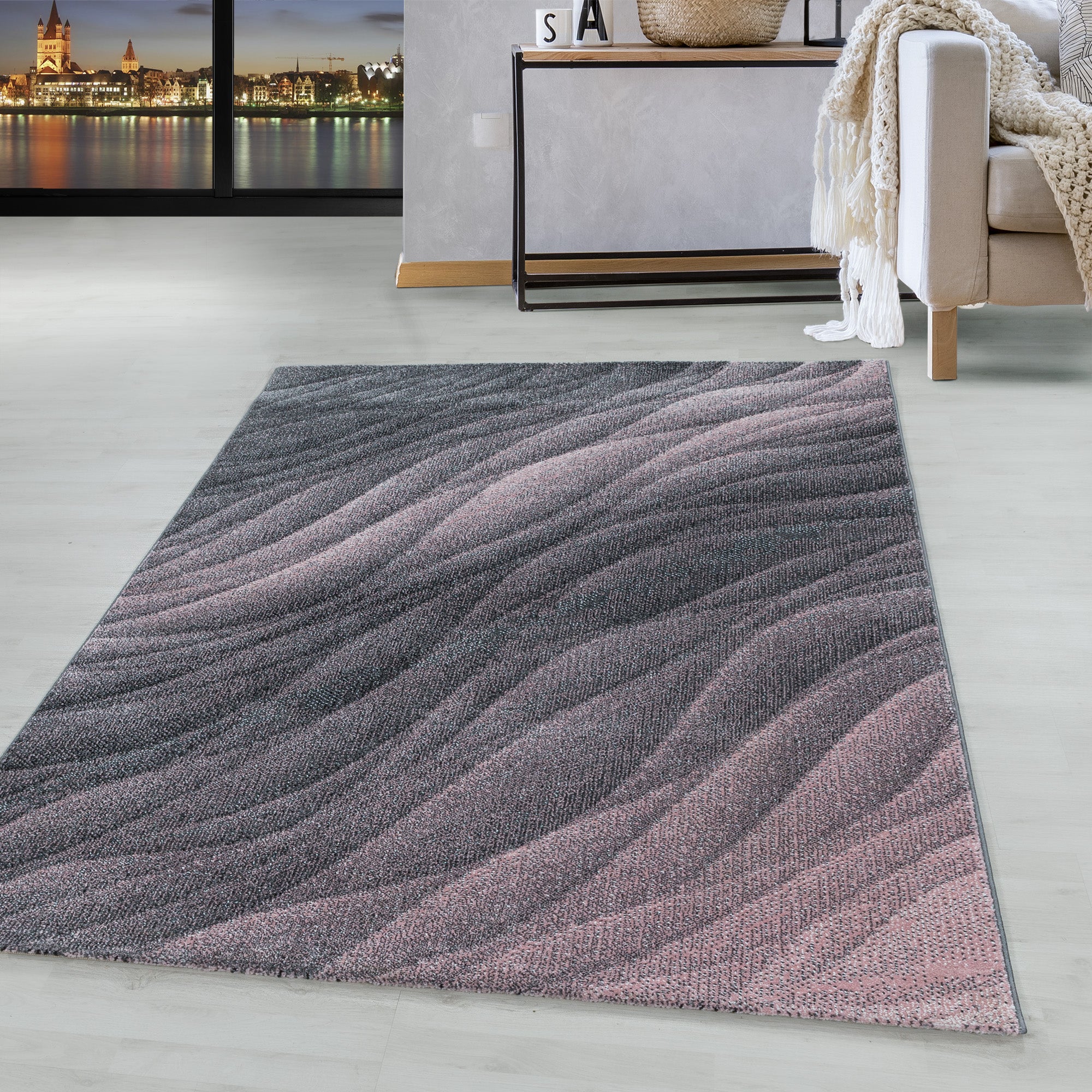 Kurzflor Teppich Wohntepp HomebyHome – Rosa Muster Grau Modern Linien Wellen Design