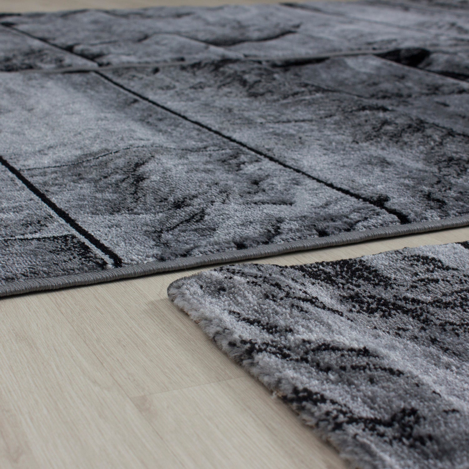 Teppich Bettumrandung Läuferset Steinoptik 3 Teile Schwarz Grau Meliert