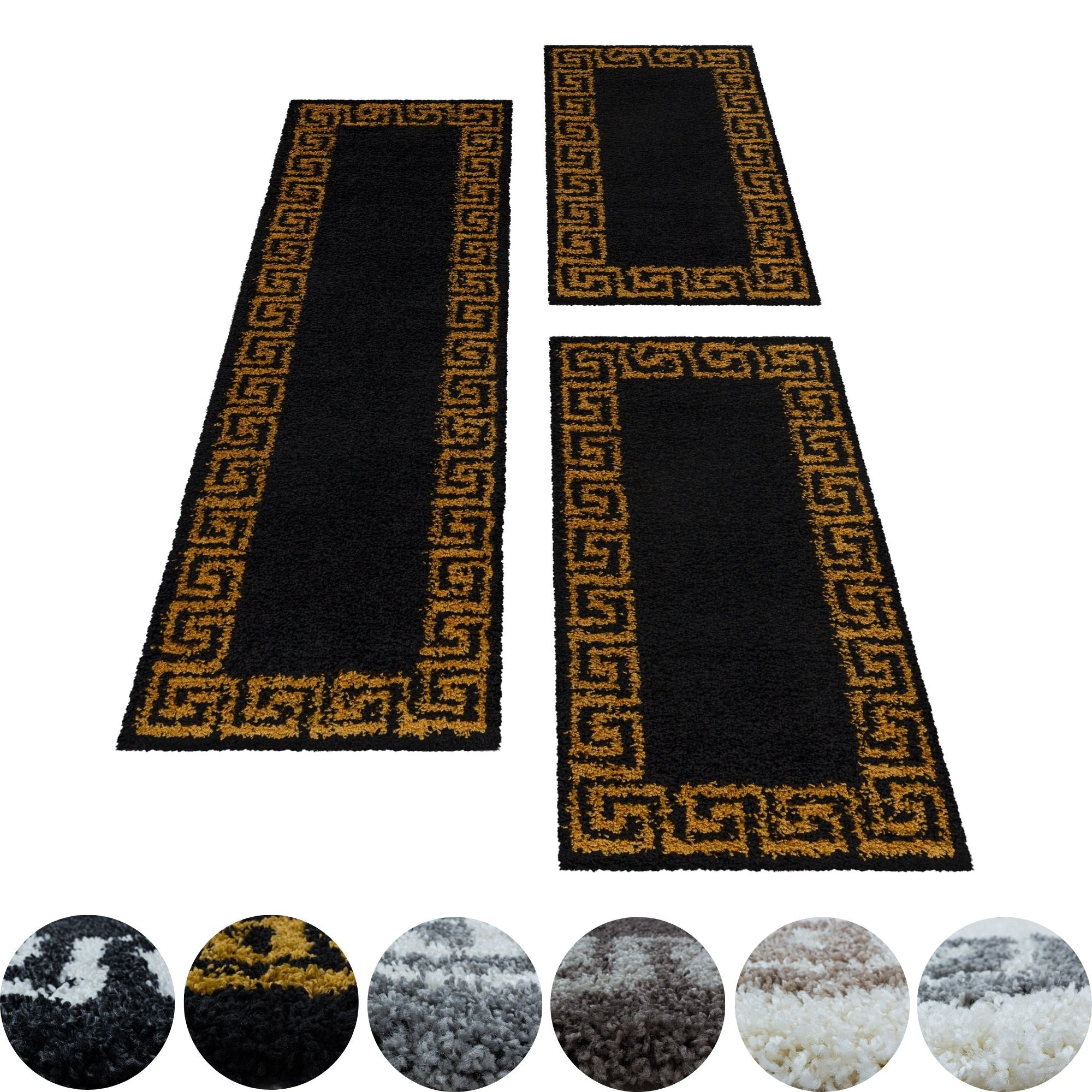 Design Teppich Set Shaggy Läufer Läuferset Muster Antike Bordüre 3 Teile