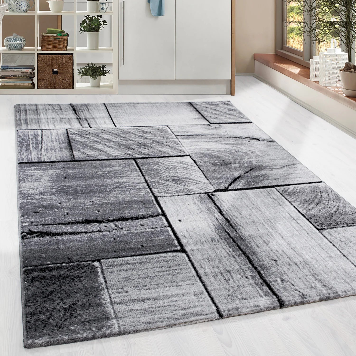 Design Kurzflor Teppich - Holzbalken Look für ein Modernes Wohnzimmer in Grau und Schwarz Meliert