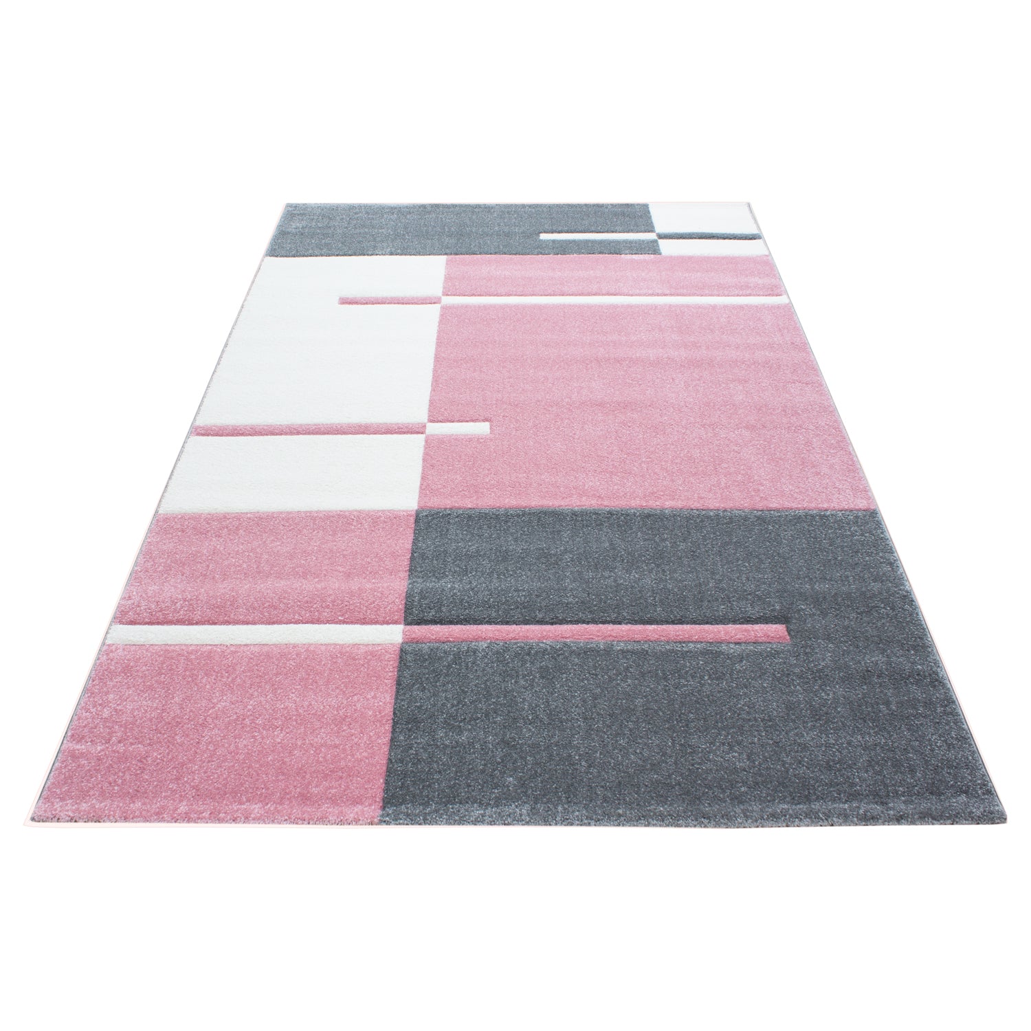 Kurzflor Design Teppich Konturschnitt Muster Modern Wohnzimmerteppich Rosa Weiss