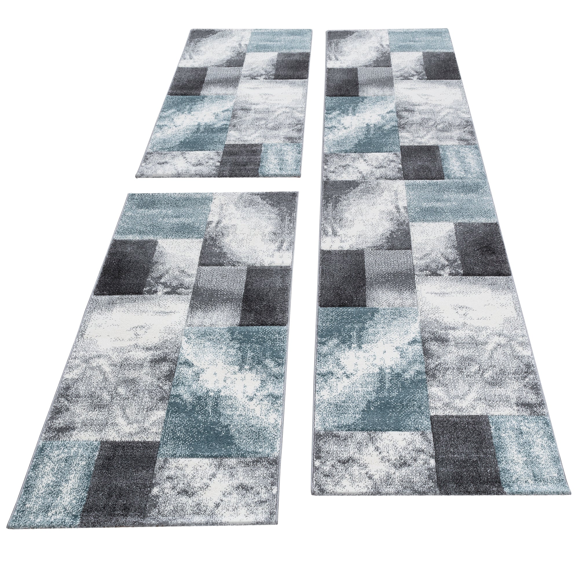 Kurzflor Teppich Bettumrandung Läufer Kachel Muster Blau Grau Meliert 3 Teile