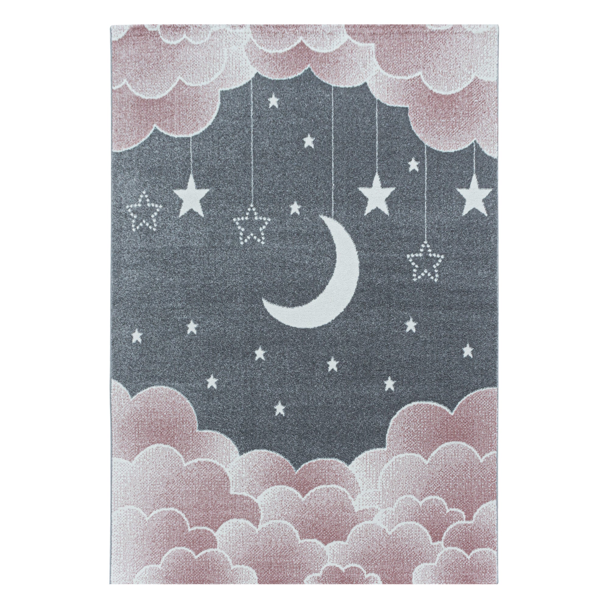 Kurzflor Kinderteppich Rosa Sternenhimmel Mond Wolken Design Kinderzimmer Weich