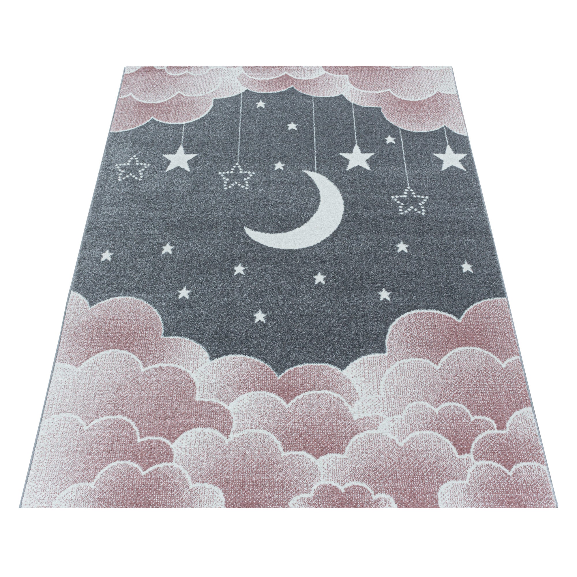 Kurzflor Kinderteppich Rosa Sternenhimmel Mond Wolken Design Kinderzimmer Weich