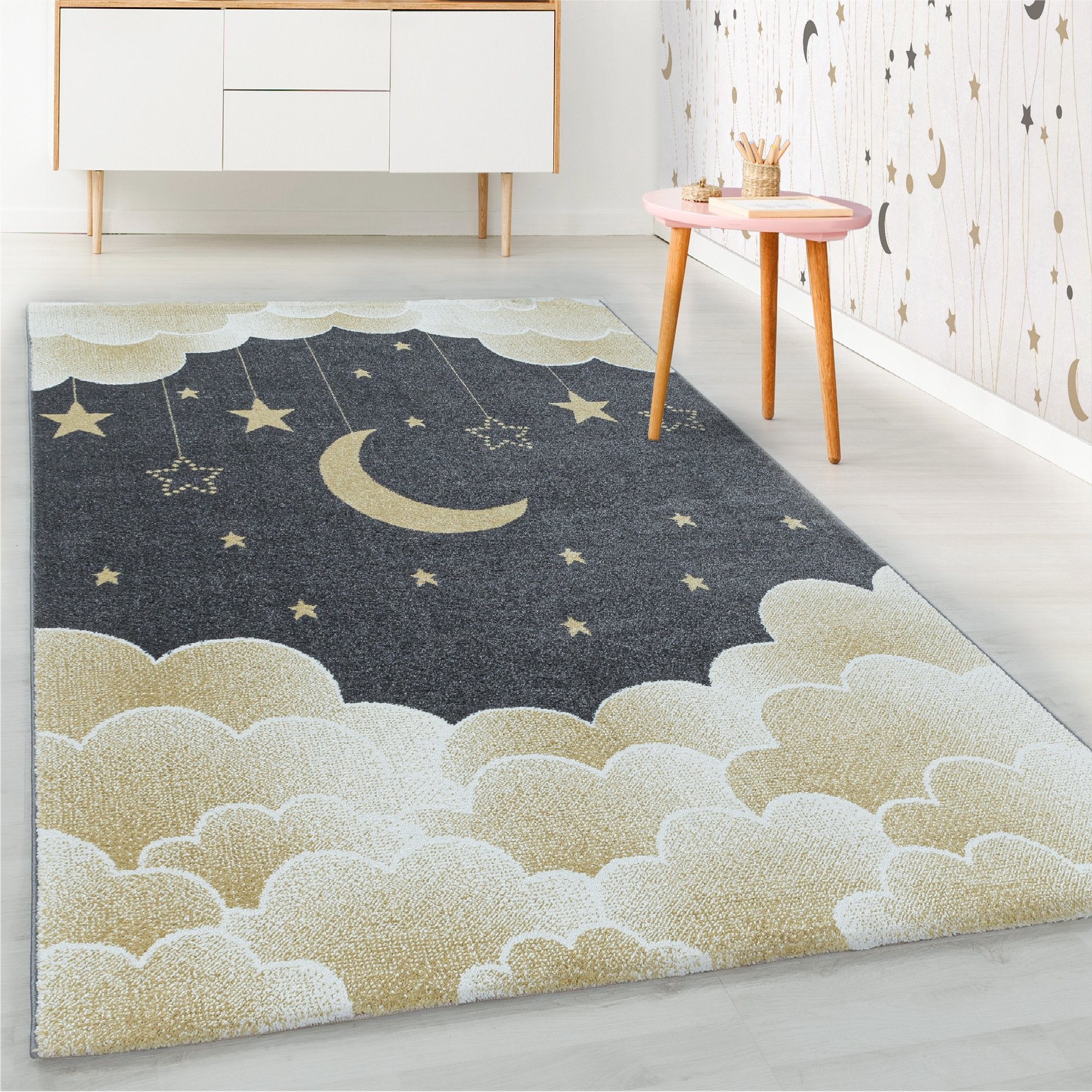 Kurzflor Kinderteppich Gelb Sternenhimmel Mond Wolken Design Kinderzimmer Weich