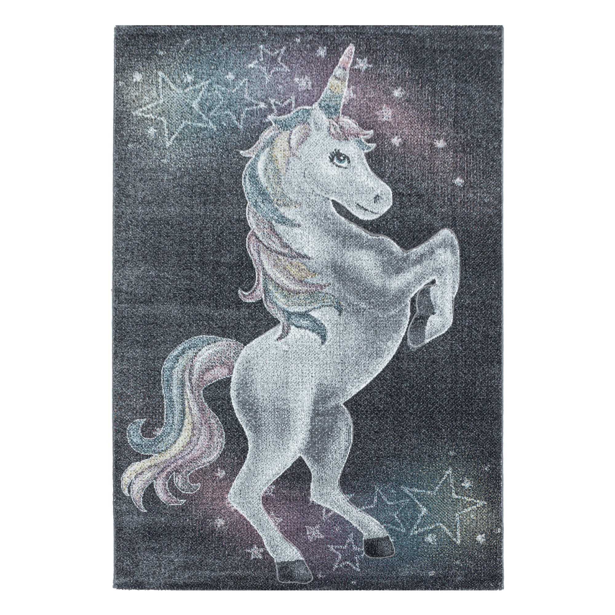 Kurzflor Kinderteppich Grau Einhorn Sterne Design Kinderzimmer Teppich Weich