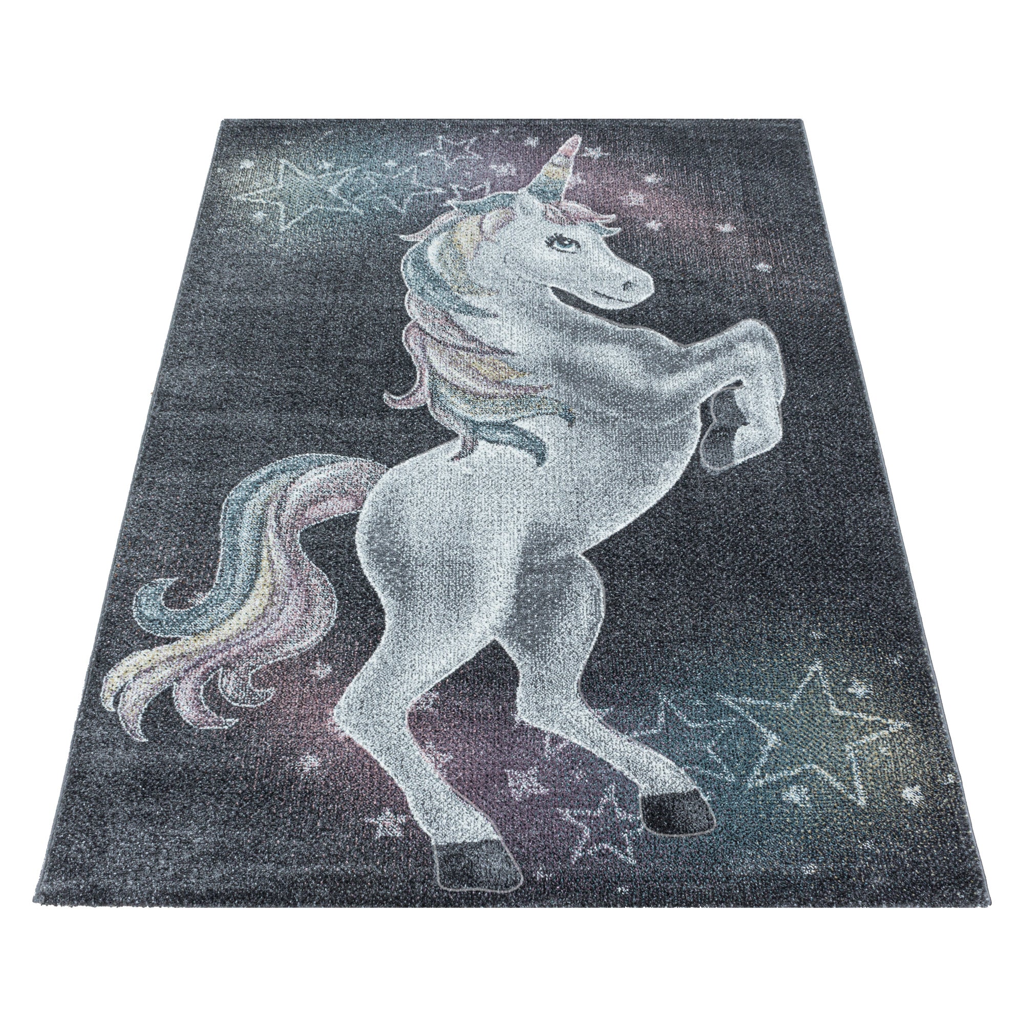 Kurzflor Kinderteppich Grau Einhorn Sterne Design Kinderzimmer Teppich Weich