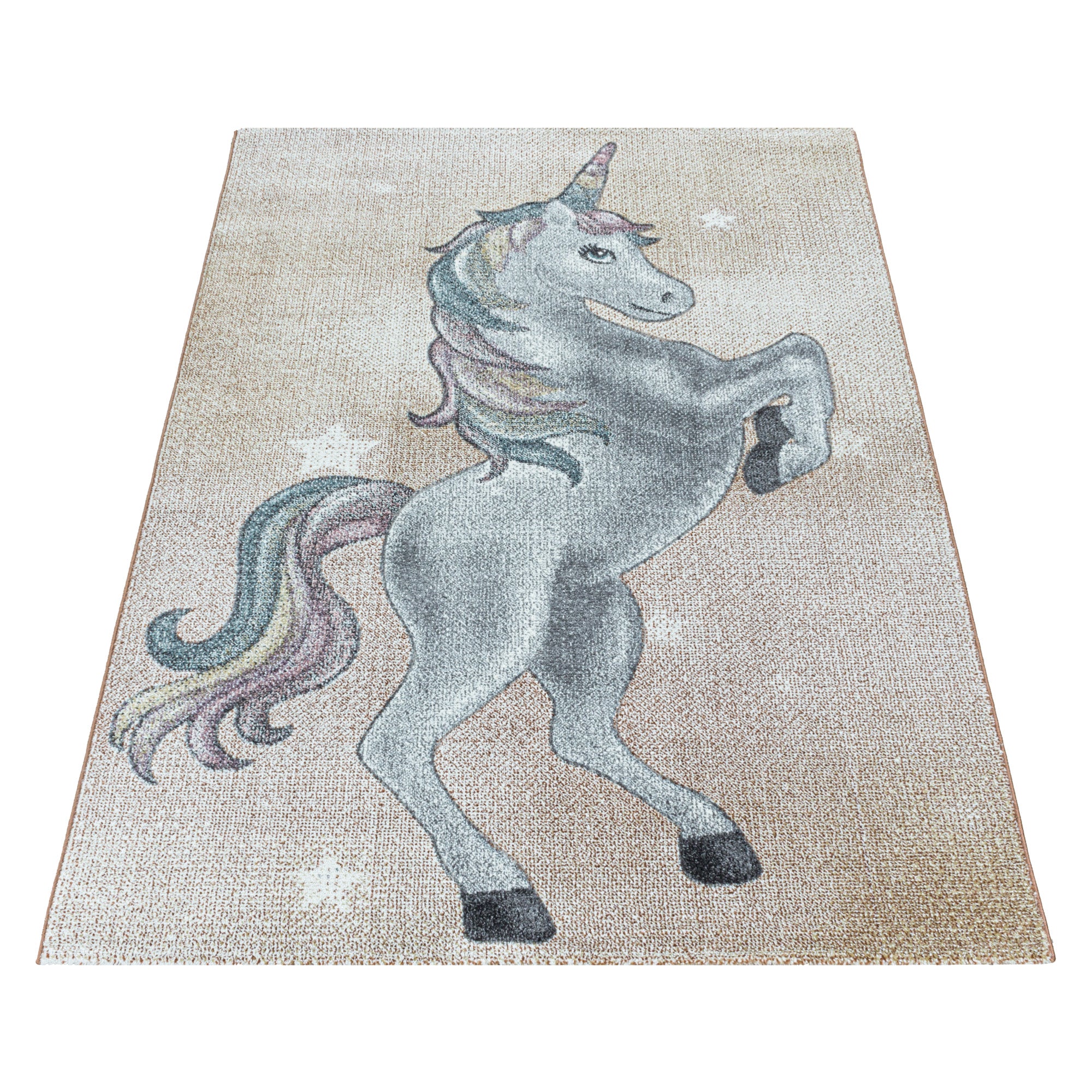 Kurzflor Kinderteppich Gelb Einhorn Sterne Design Kinderzimmer Teppich Weich