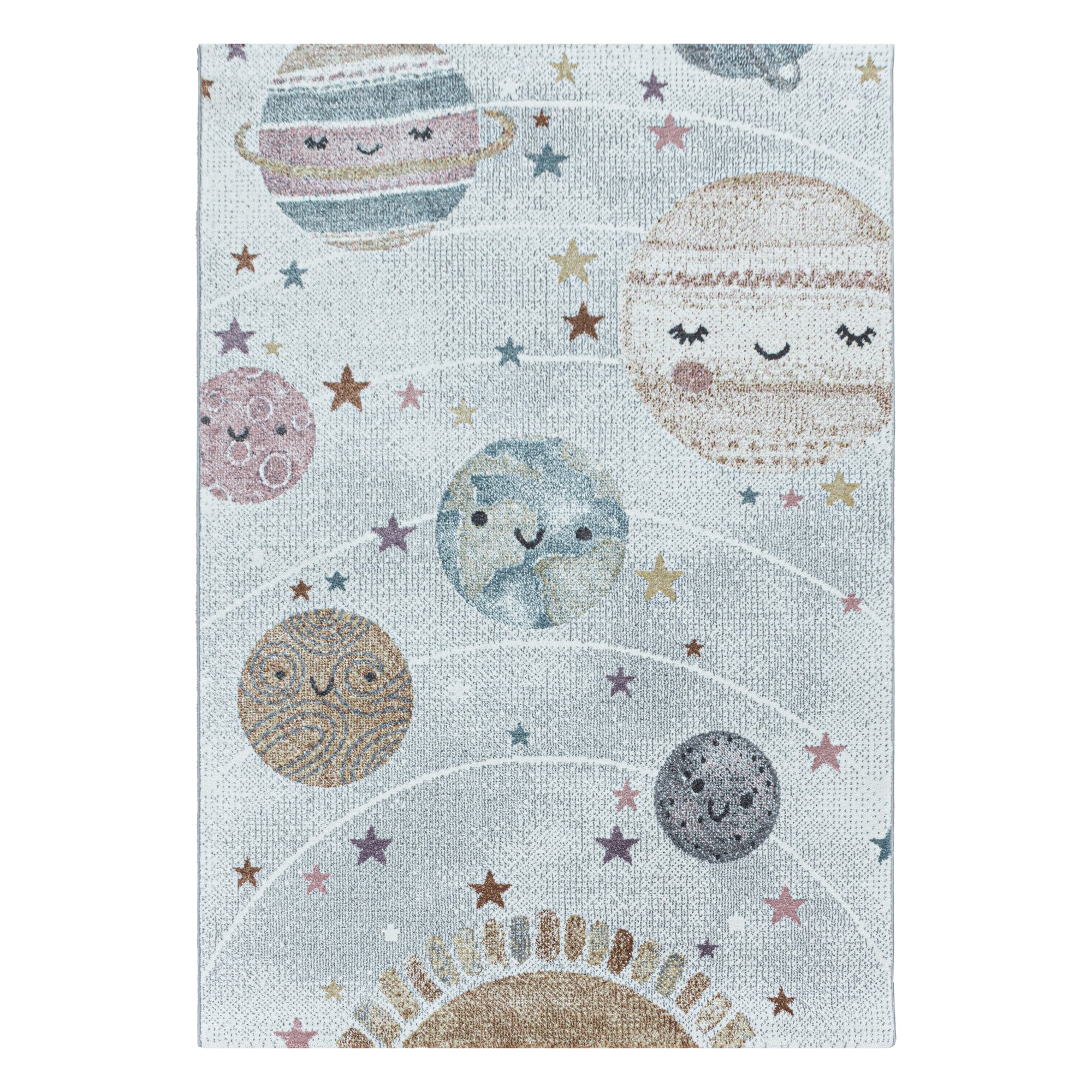 Kurzflor Kinderteppich Weiss Grau Planet Weltall Mond Design Kinderzimmerteppich