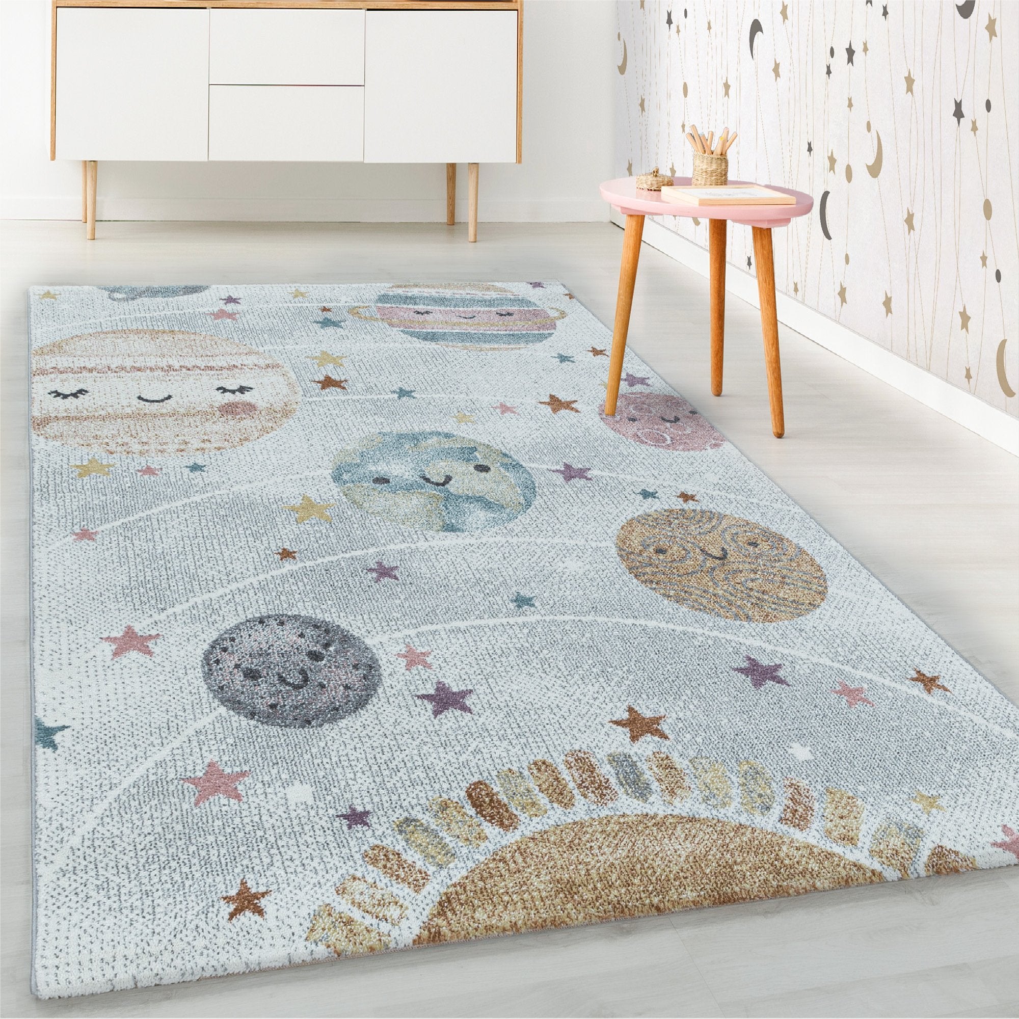 Kurzflor Kinderteppich Weiss Grau Planet Weltall Mond Design Kinderzimmerteppich