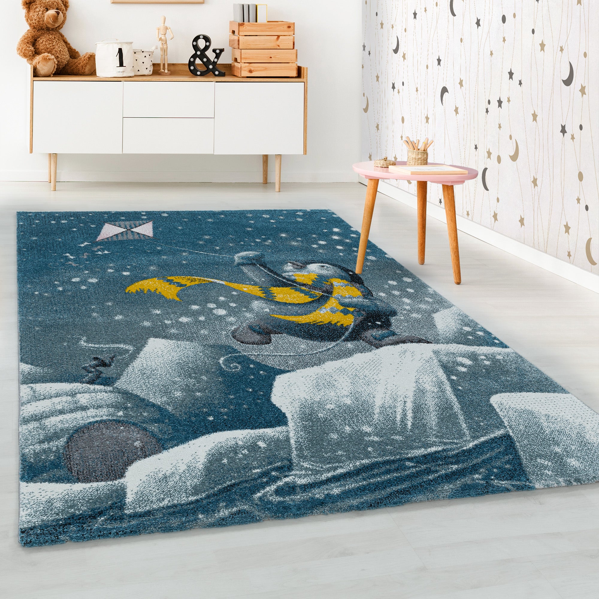 Kurzflor Kinderteppich Blau Pinguin Iglu Design Kinderzimmerteppich Weich