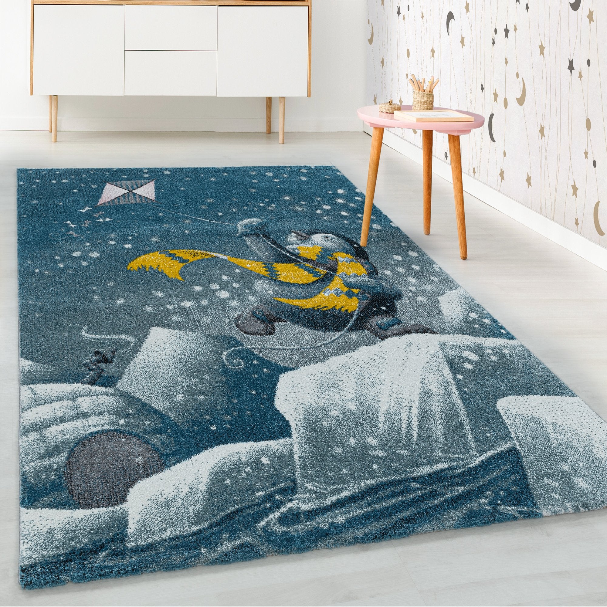 Kurzflor Kinderteppich Blau Pinguin Iglu Design Kinderzimmerteppich Weich