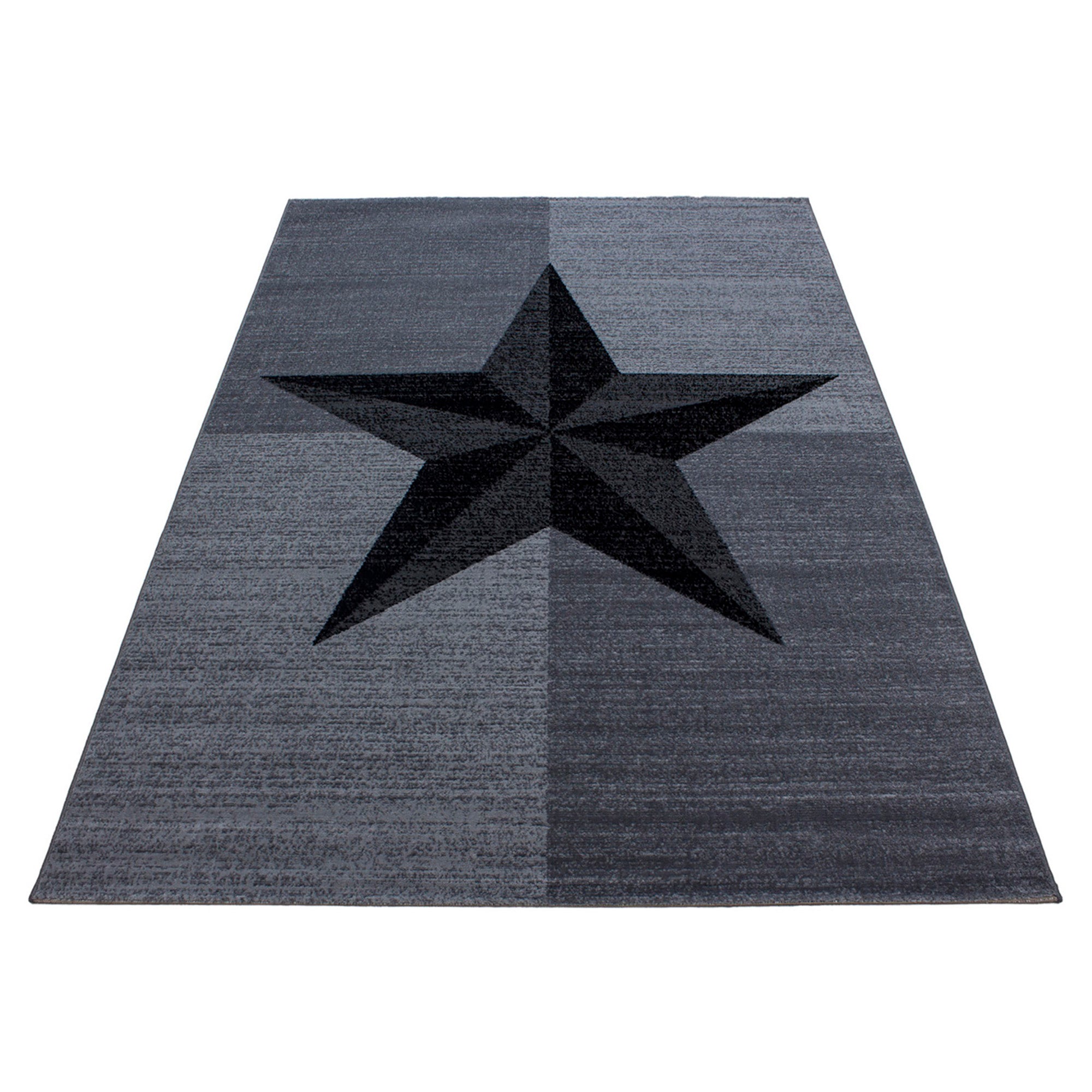 Kurzflor Design Teppich Stern Muster Wohnzimmer Kompassrose Grau Schwarz Meliert