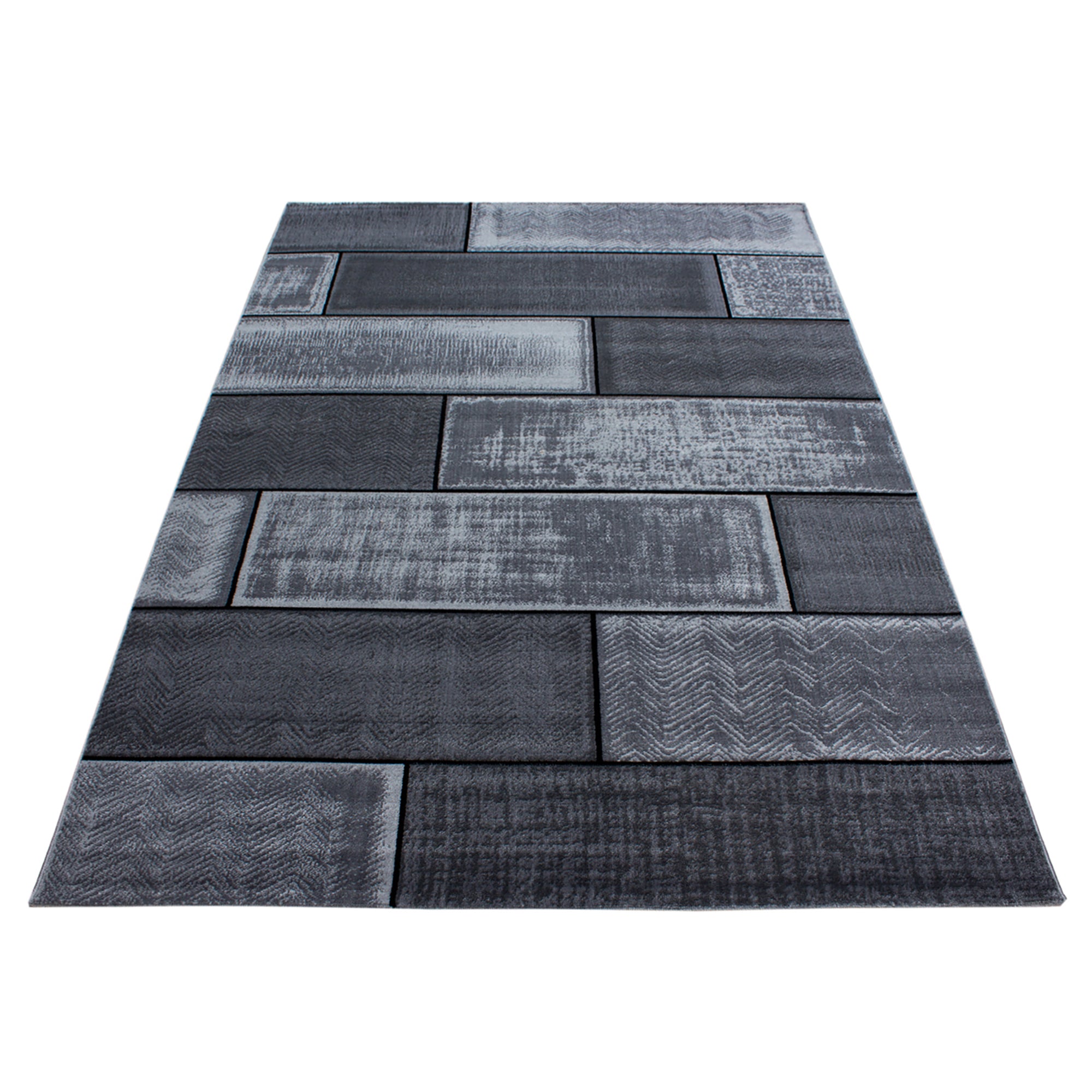 Kurzflor Design Teppich Mauer Look Wohnzimmerteppich Schwarz Hellgrau meliert