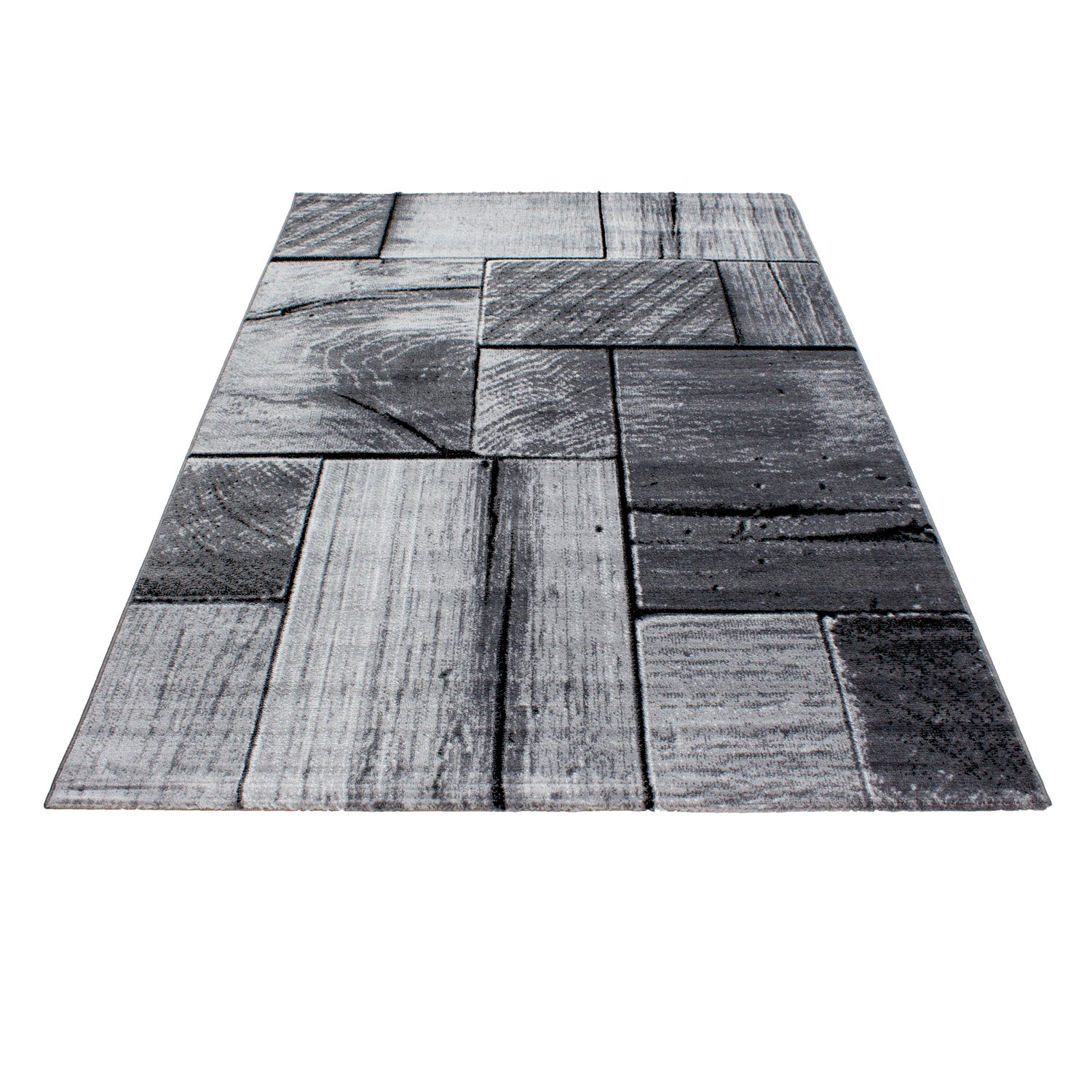 Design Kurzflor Teppich Holzbalken Look Wohnzimmer Grau Schwarz meliert