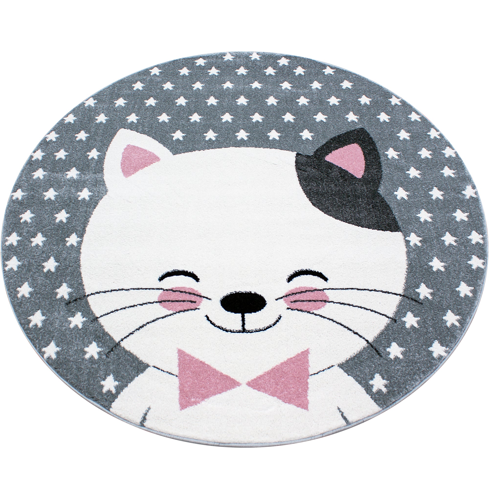 Kinderteppich Kurzflor Katze Lächeln Kinderzimmer Babyzimmer Grau Pink Meliert