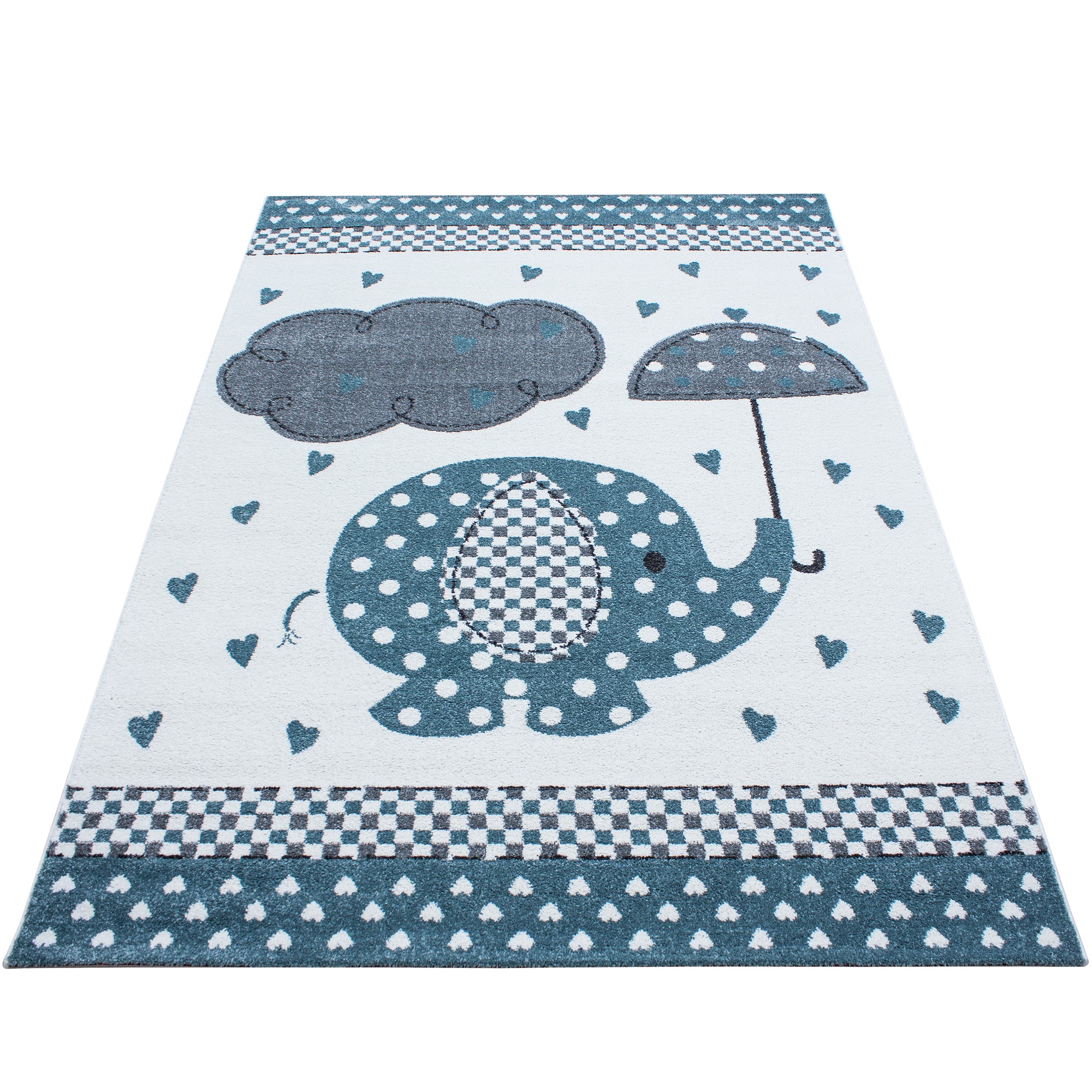 Kurzflor Kinderteppich Elefant mit Regenschirm Babyzimmer Teppich Grau Blau