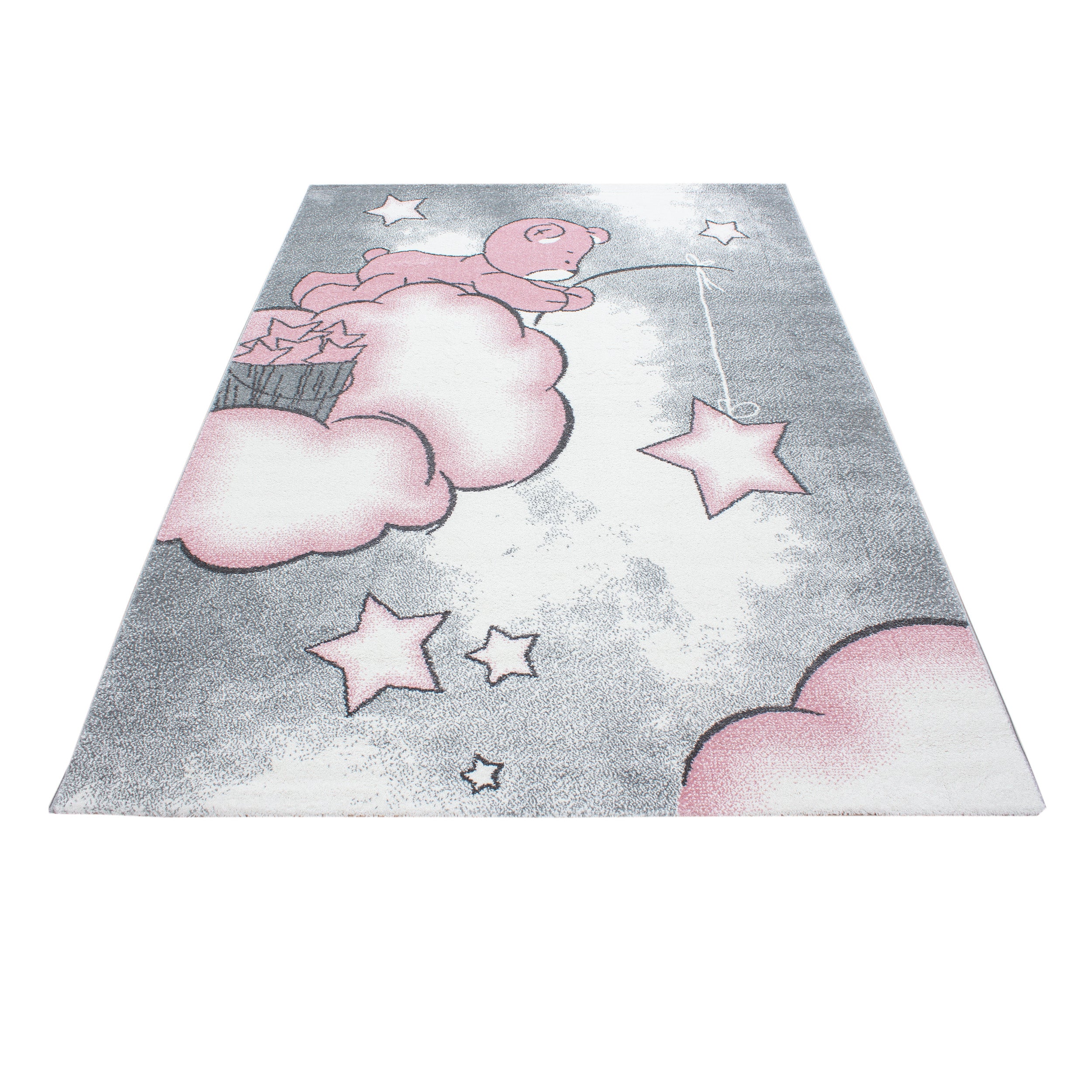 Kurzflor Kinderteppich Bärchen Wolken Kinderzimmer Babyzimmer Teppich Grau Pink