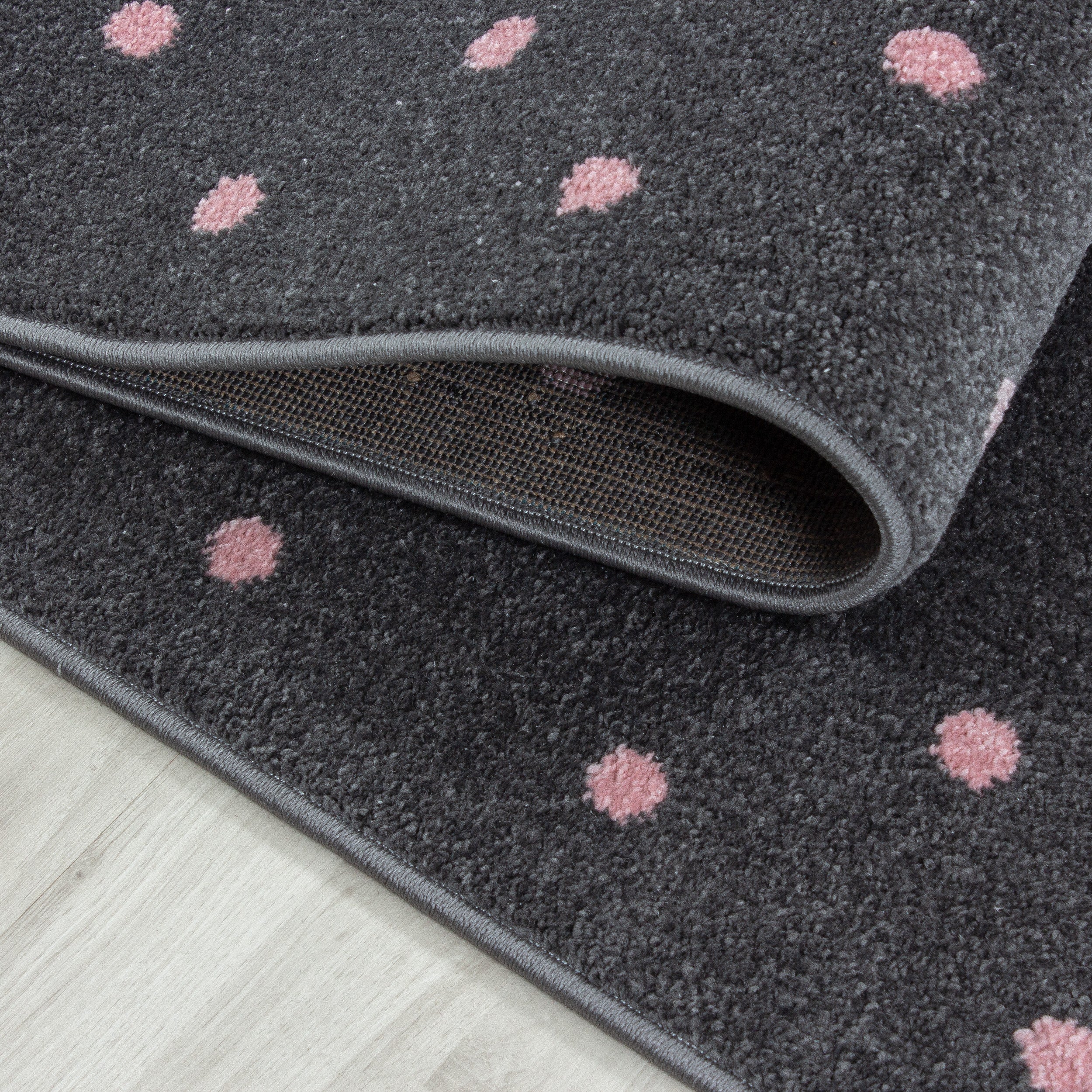 Kurzflor Kinderteppich Herz Design Soft Wohnteppich Kinderzimmer Farbe Grau Pink