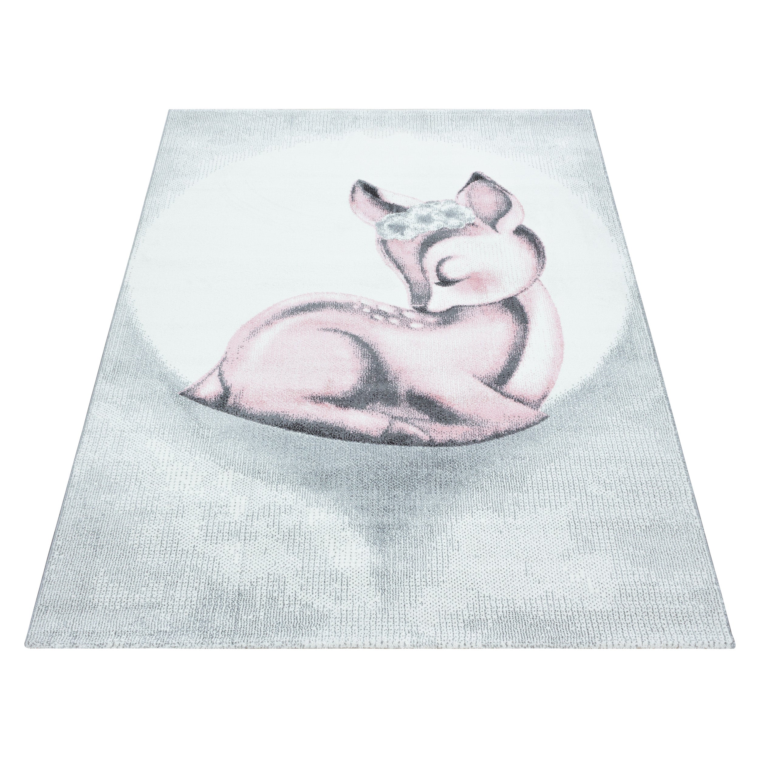 Kurzflor Kinderteppich Rehkitz Bambi Kinderzimmer Teppich Pink Weiss Meliert
