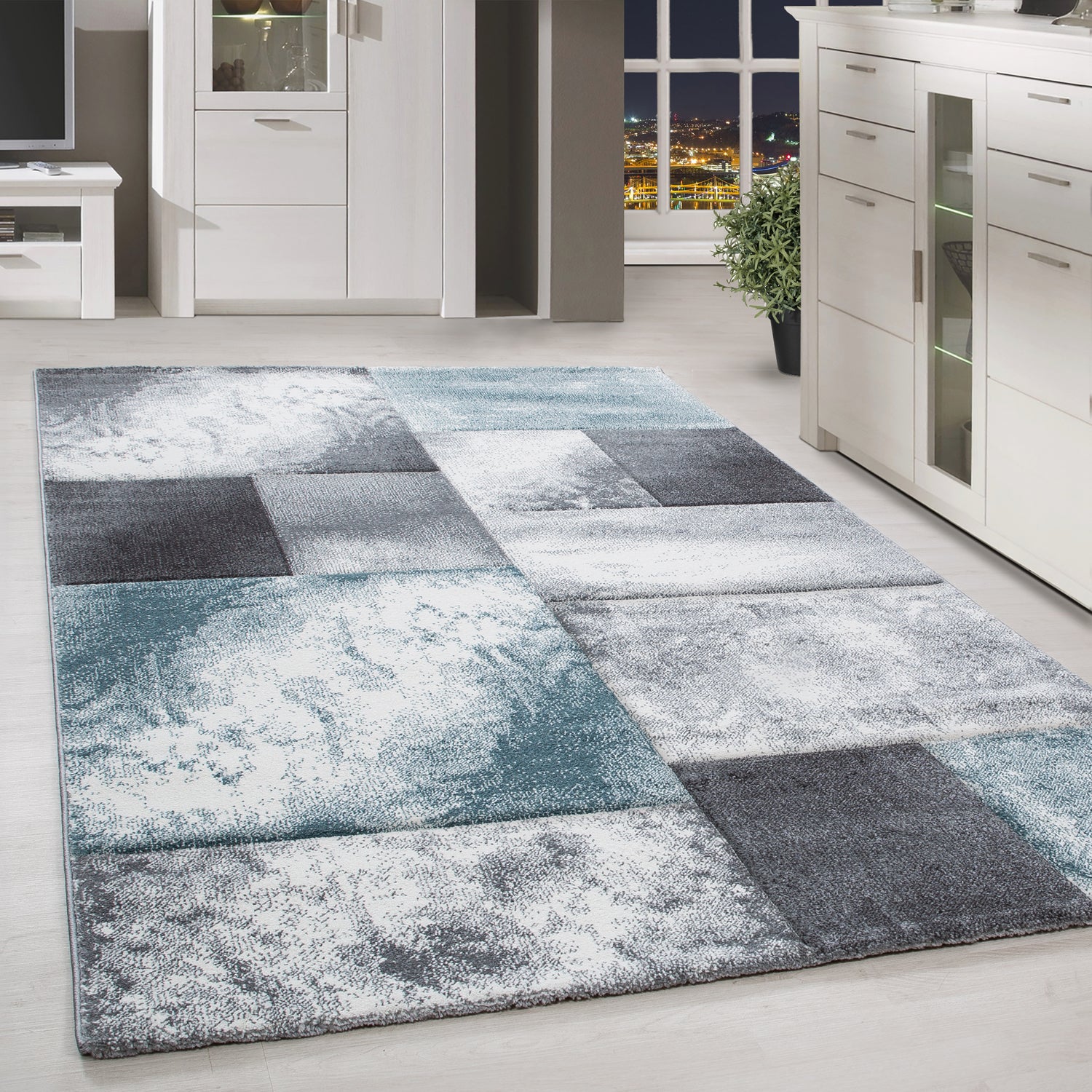 Kurzflor Design Teppich Rechteck Karo Muster Wohnzimmerteppich Blau Weiß Meliert