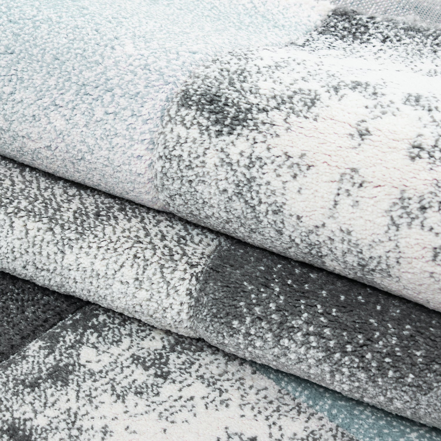 Kurzflor Teppich Bettumrandung Läufer Kachel Muster Blau Grau Meliert 3 Teile