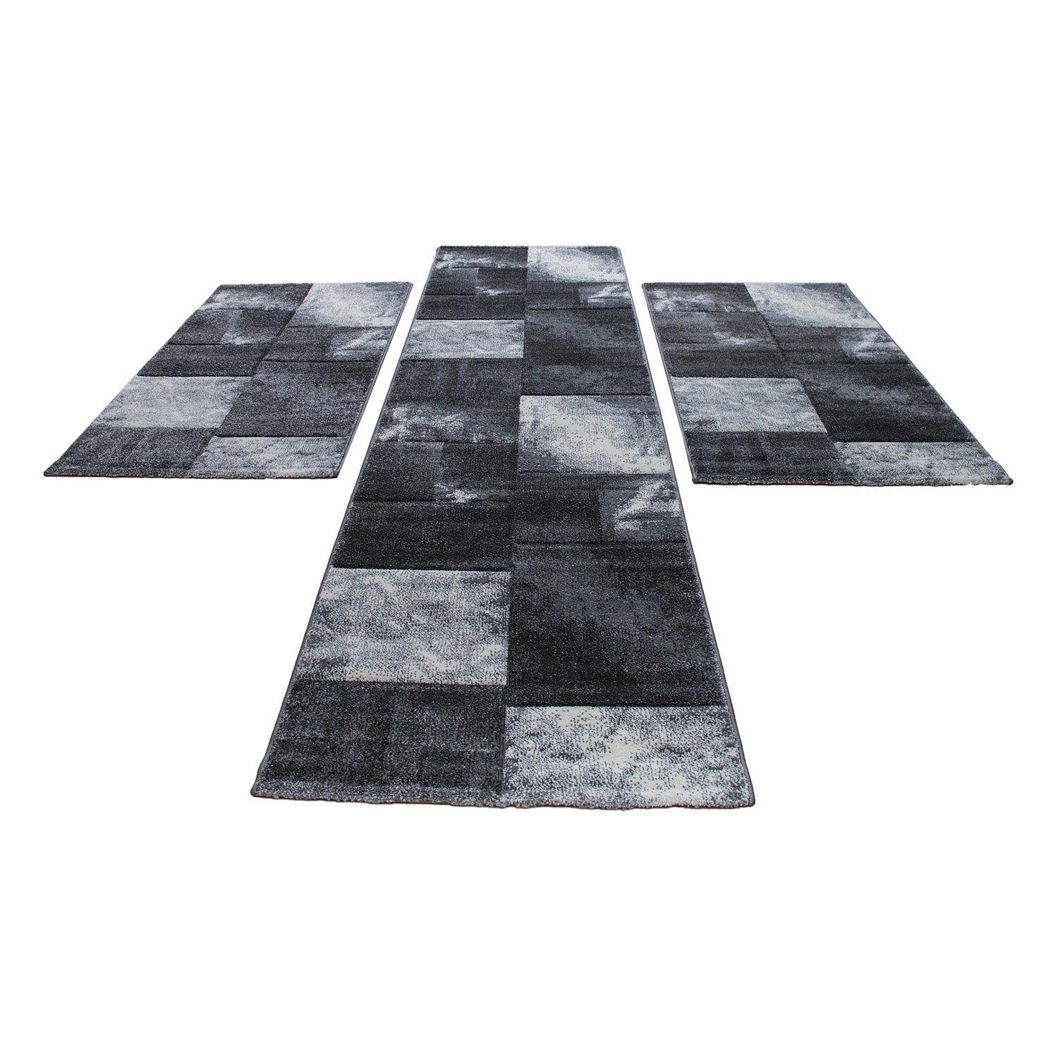 Kurzflor Teppich Bettumrandung Läufer Kacheldesign Grau Meliert 3 Teile