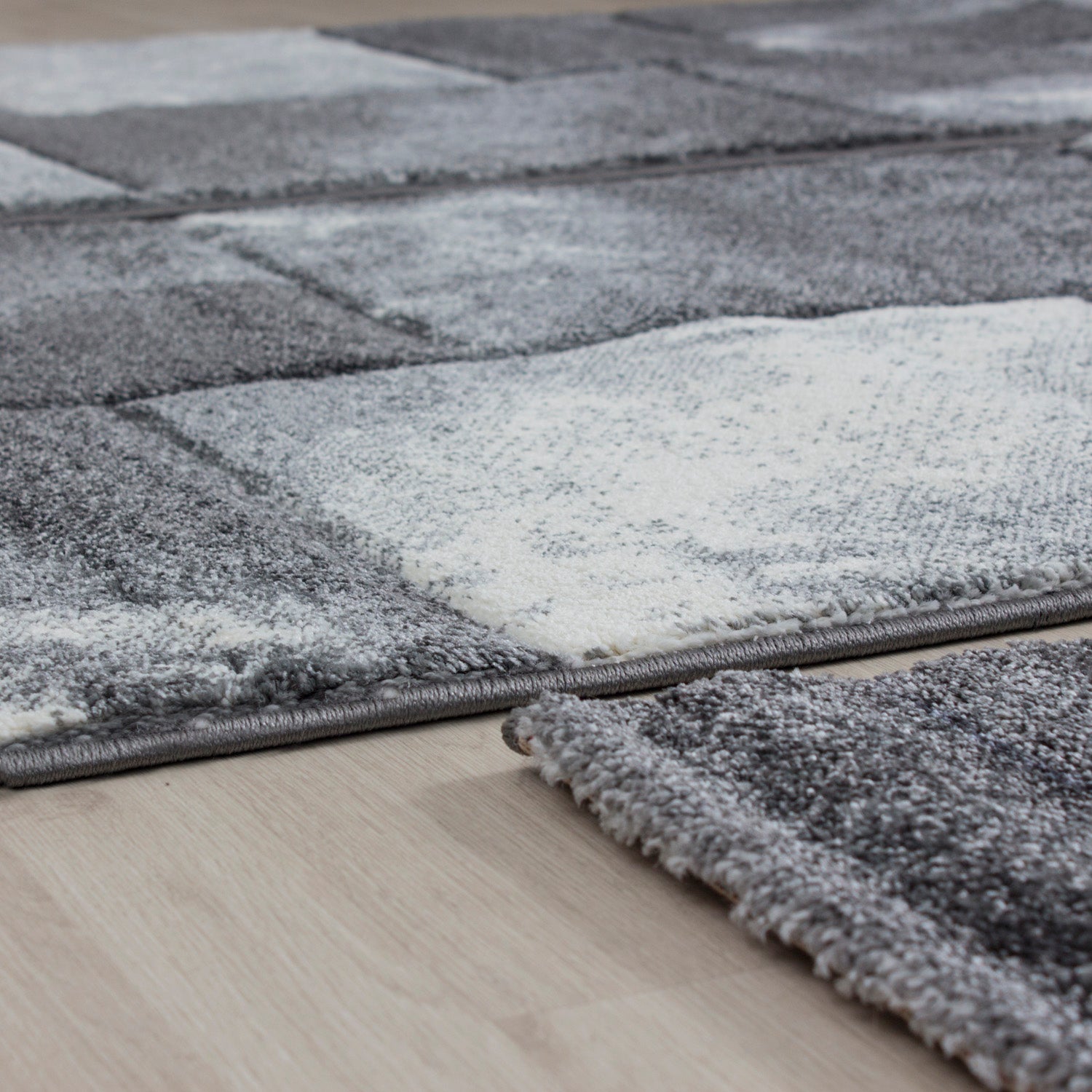 Kurzflor Teppich Bettumrandung Läufer Kacheldesign Grau Meliert 3 Teile