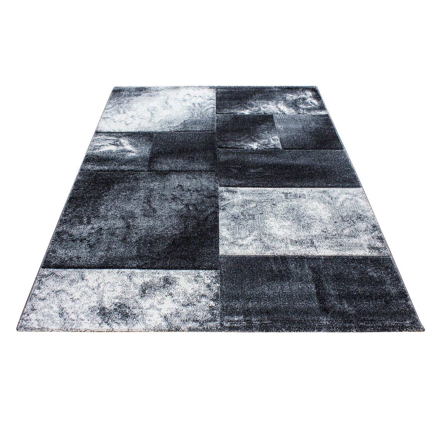 Kurzflor Design Teppich Rechteck Karo Muster Wohnzimmerteppich Grau Meliert