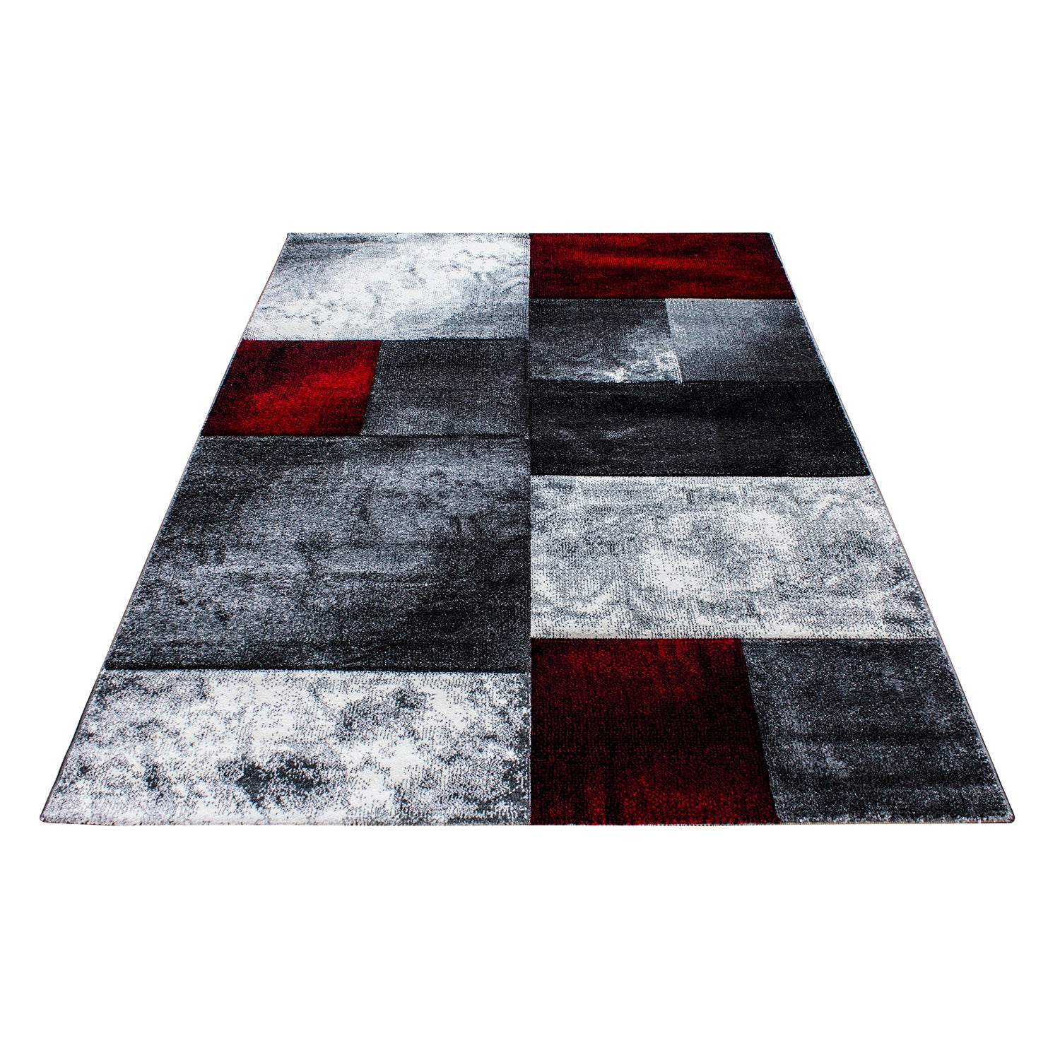 Kurzflor Design Teppich Rechteck Karo Muster Wohnzimmerteppich Grau Rot Meliert