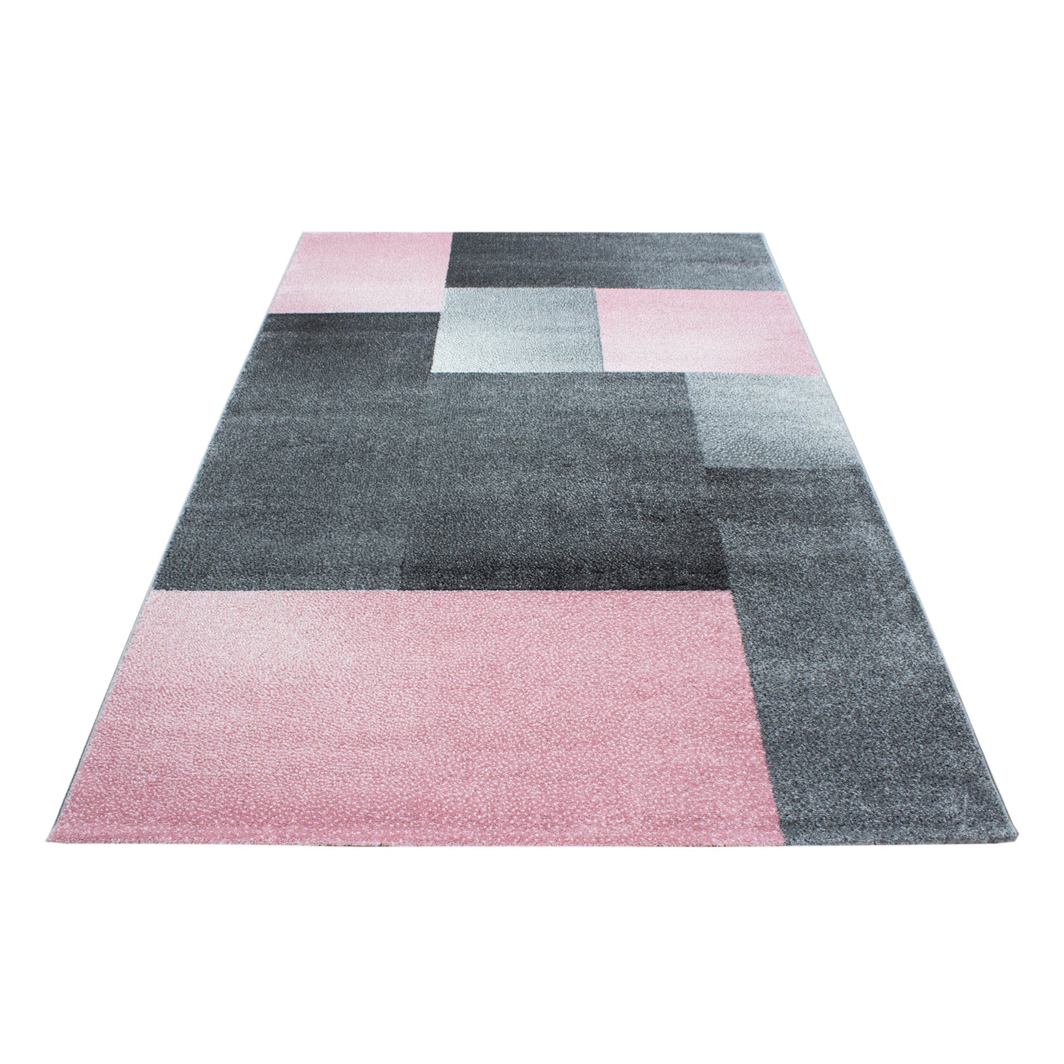 Kurzflor Design Teppich Rechteck Karo Muster Wohnzimmerteppich Grau Pink Meliert