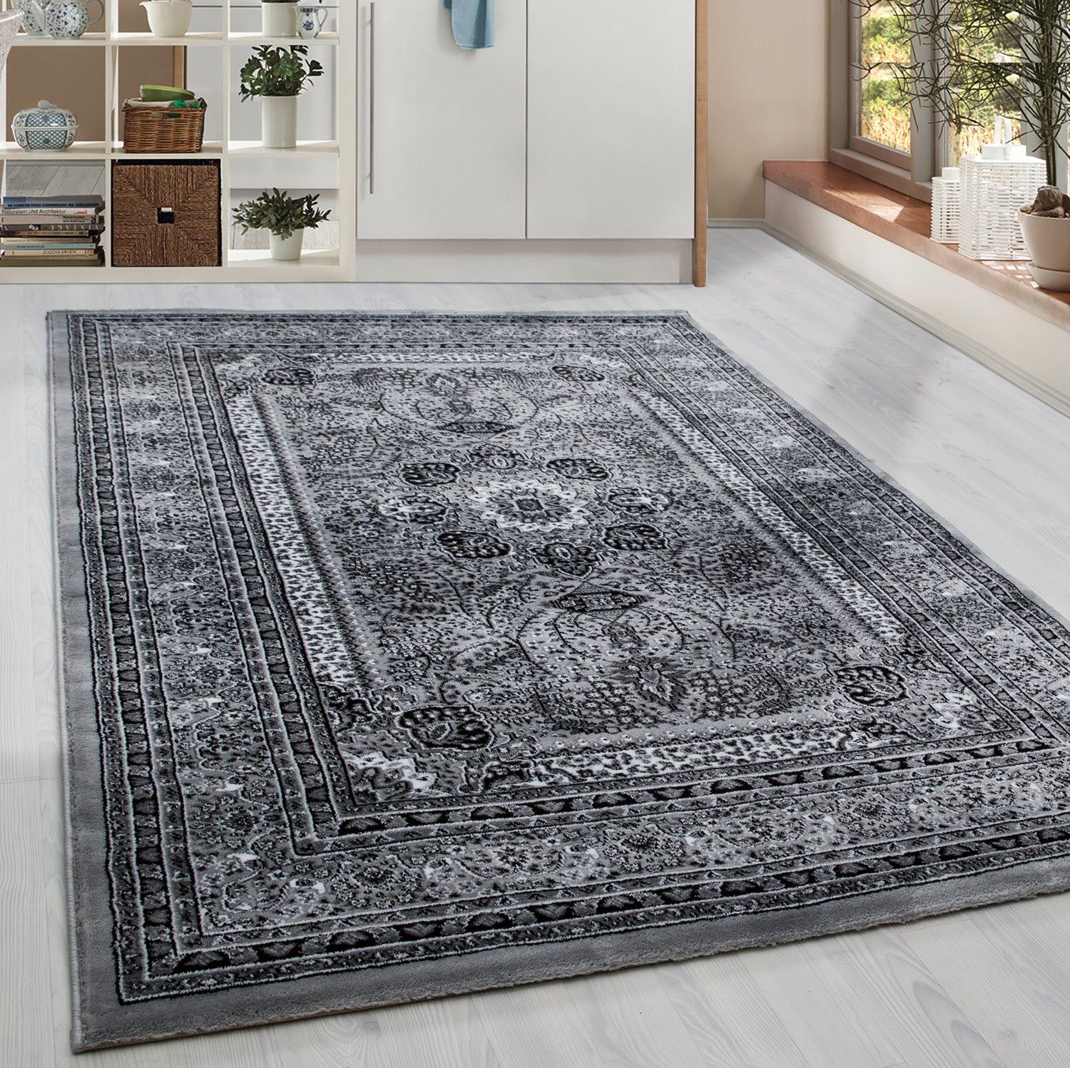 Orient Teppich Bordüre Design Traditionelles Muster Farbe Grau Wohnzimmerteppich