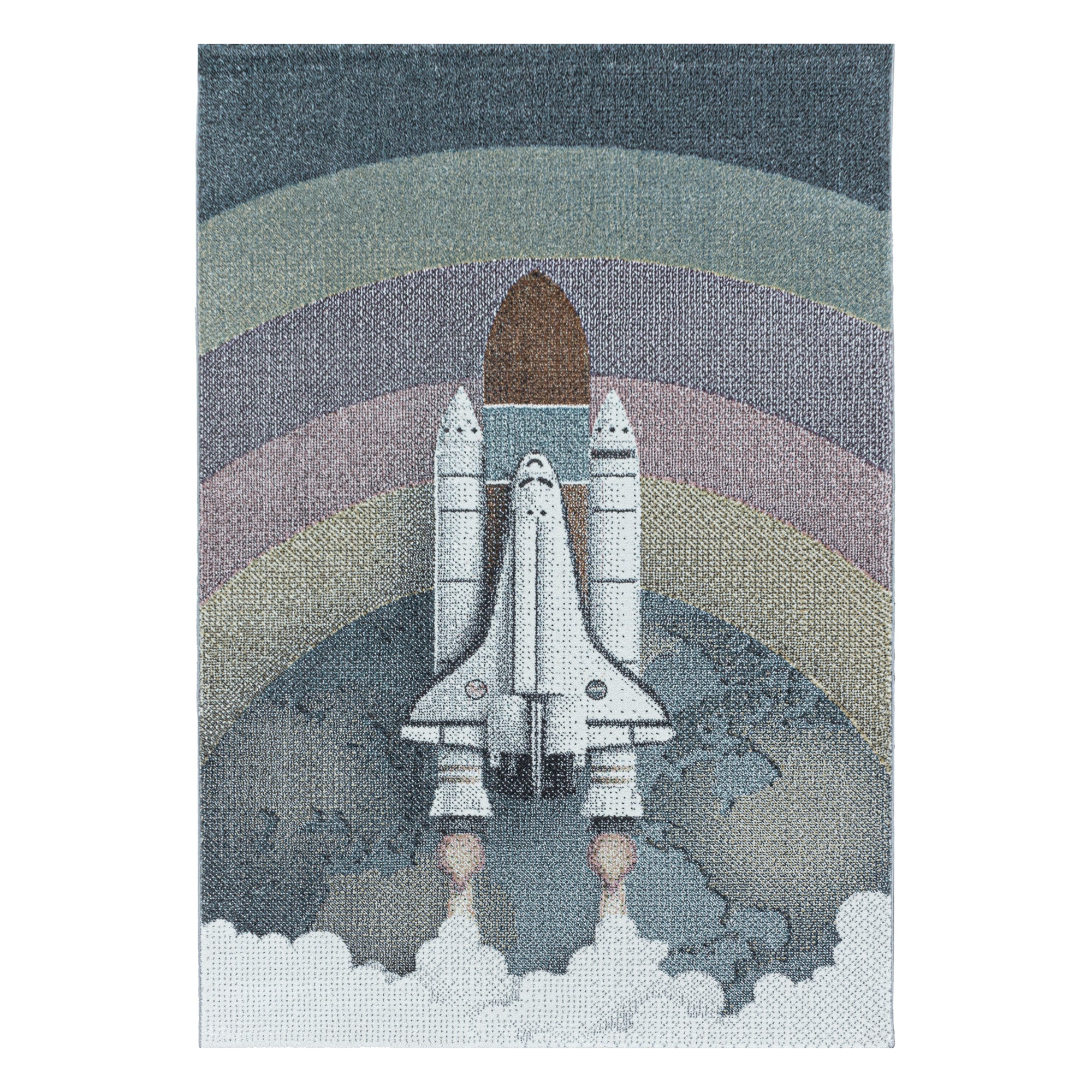 Kurzflor Kinderteppich Blau Rakete Raumschiff Shuttle Design Kinderzimmerteppich