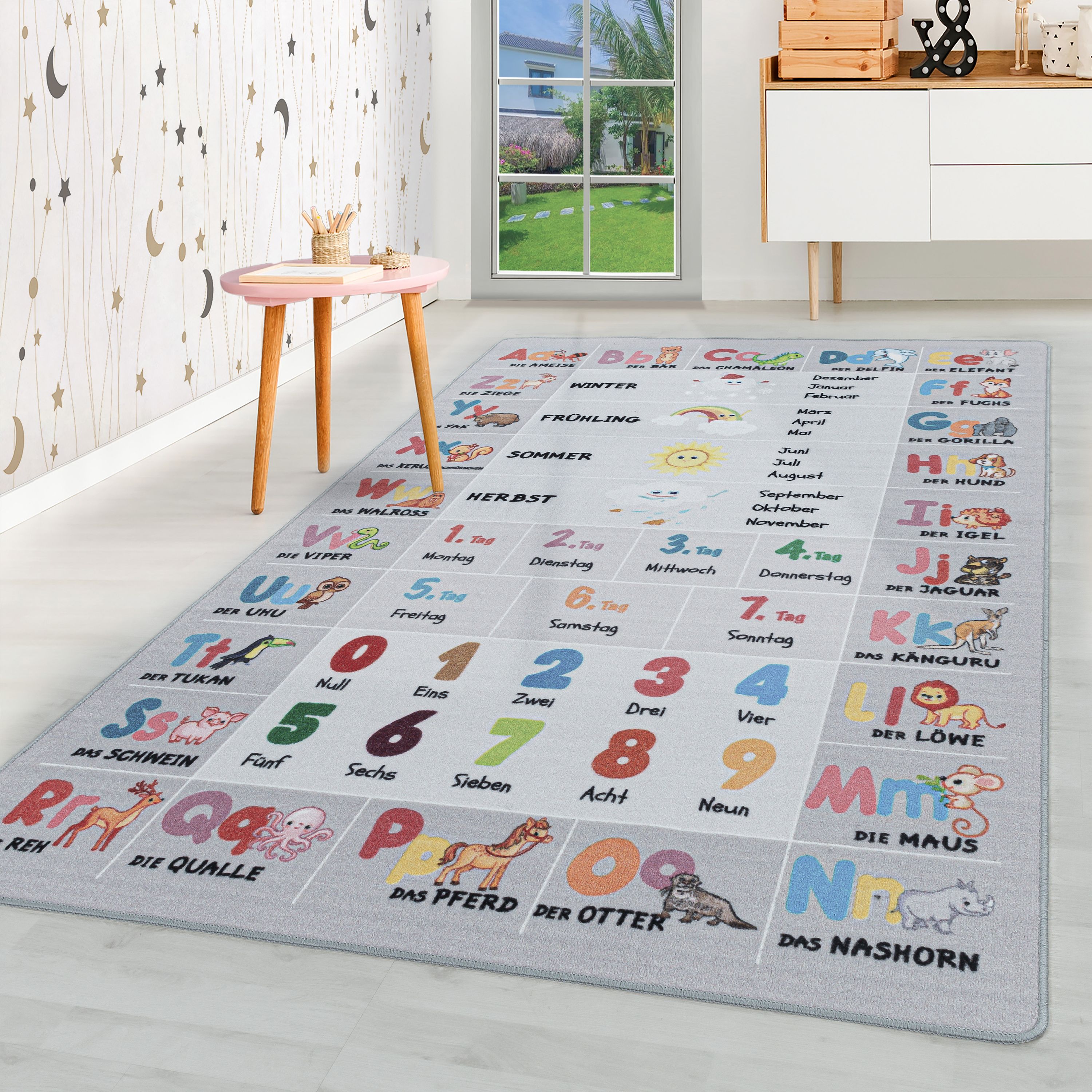 Kurzflor Kinderteppich Kinderzimmer Teppich Buchstaben Zahlen Jahreszeiten Grau