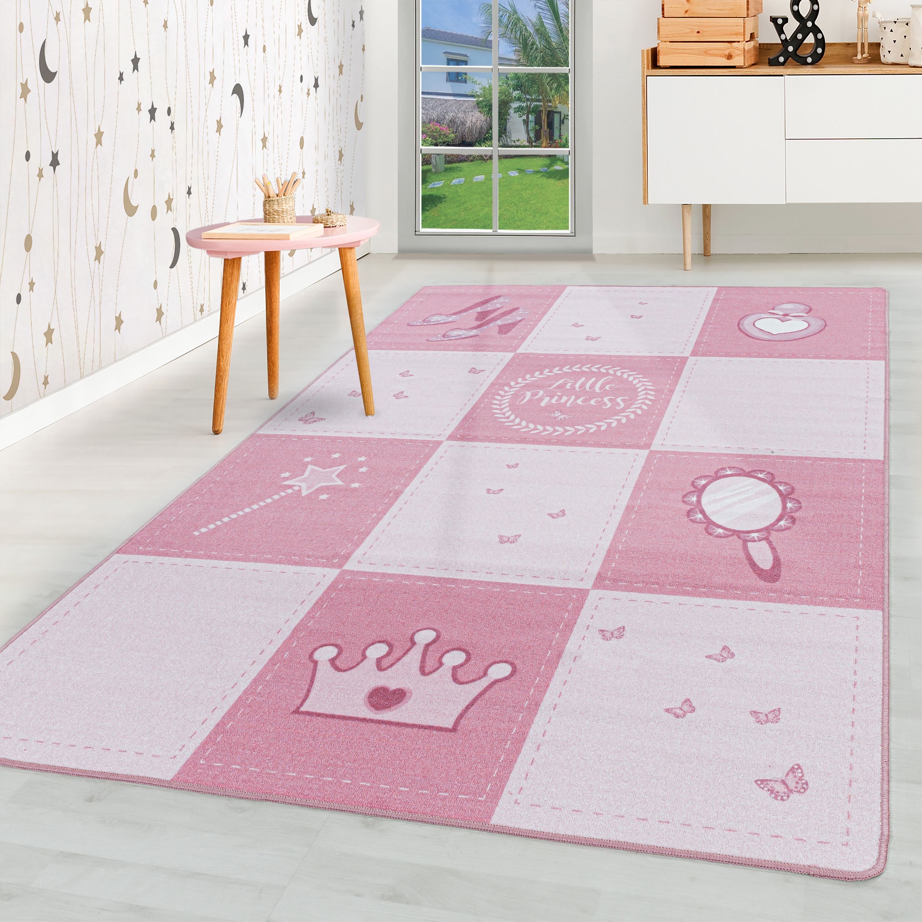 Kurzflor Kinderteppich Kinderzimmer Teppich Prinzessin Krone Zauberstab Pink