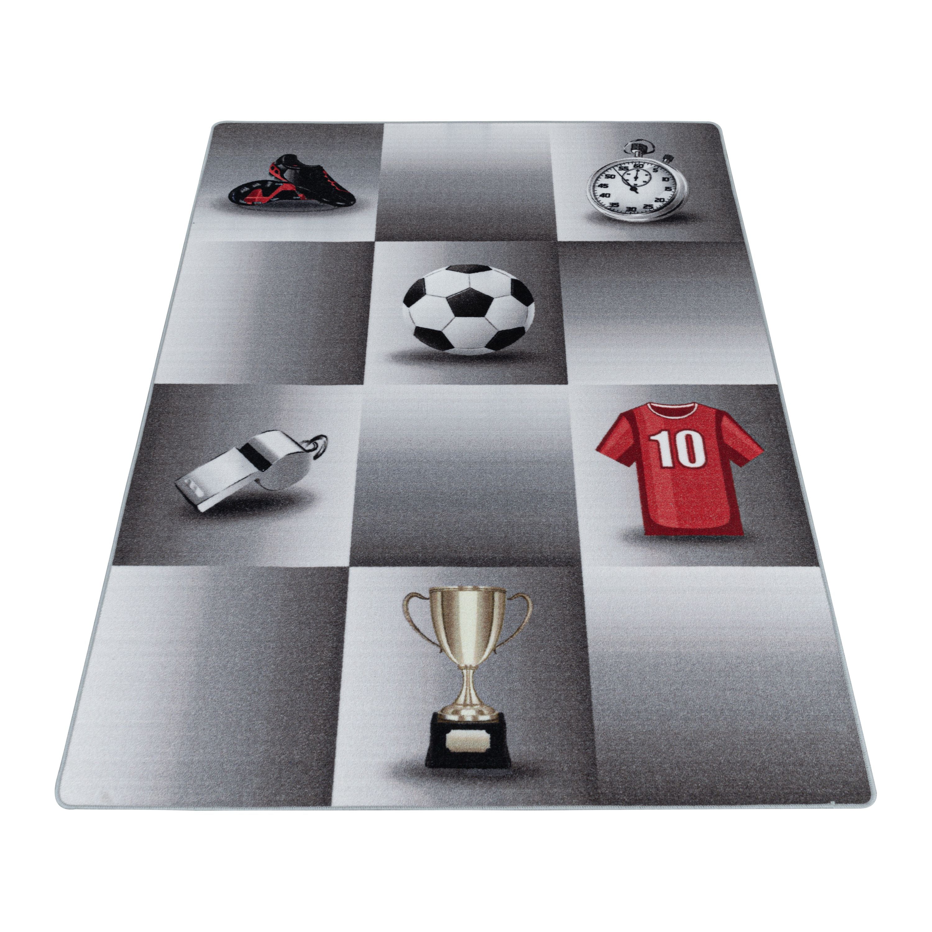 Kurzflor Kinderteppich Kinderzimmer Teppich Spiel Fussball Trikot Pokal Grau