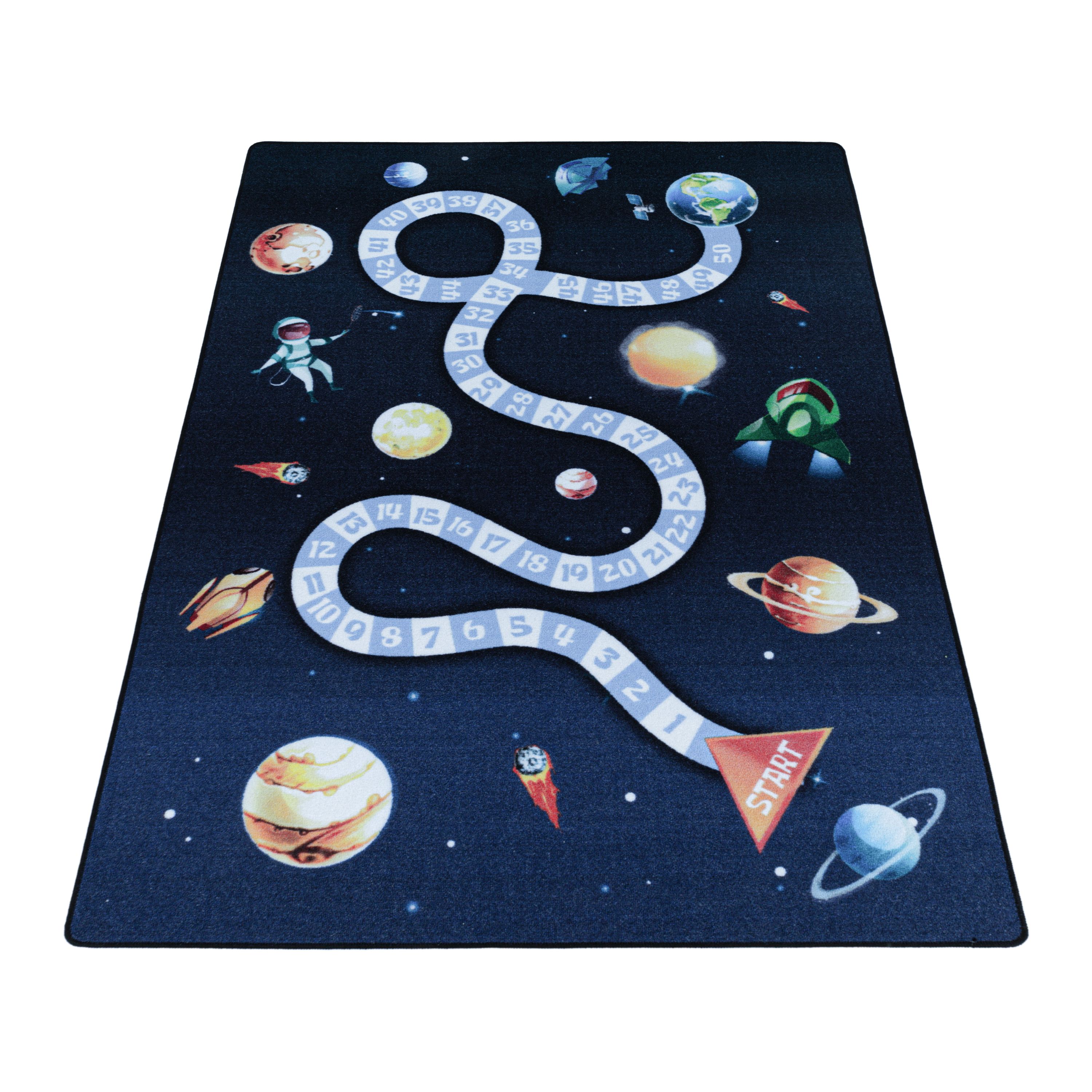 Kurzflor Kinderteppich Kinderzimmer Teppich Spiel Weltall Planet Rakete Blau