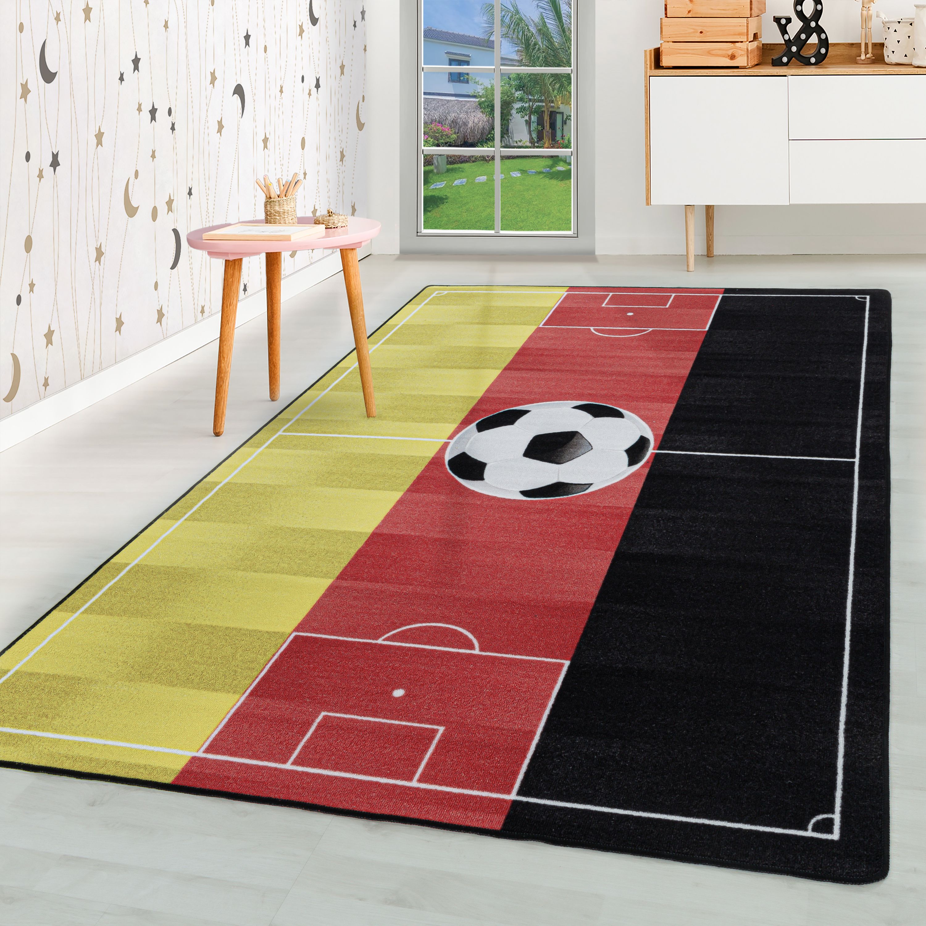 Kurzflor Kinderteppich Kinderzimmer Teppich Spiel Fussball Deutschland Rot