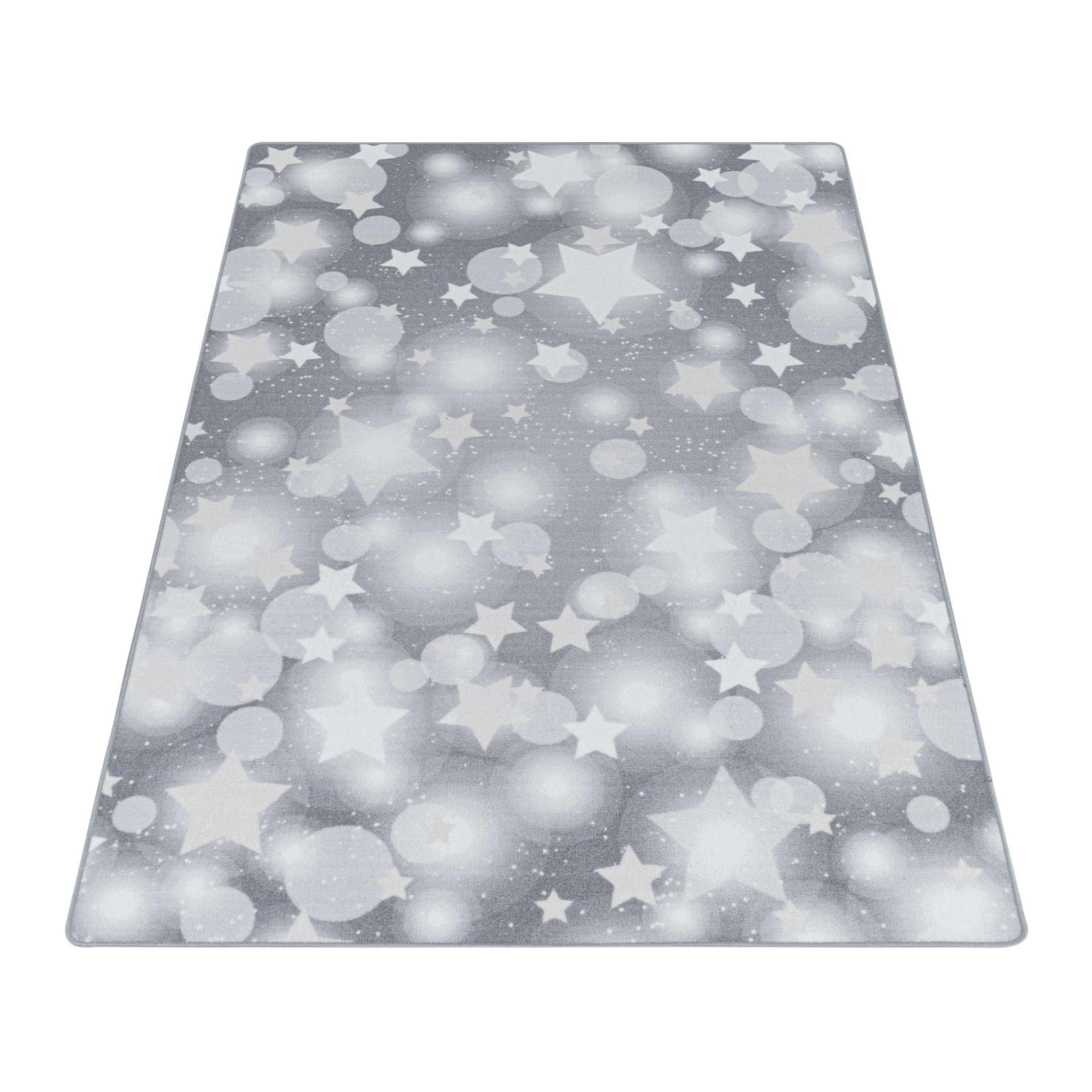 Kurzflor Kinderteppich Kinderzimmer Teppich Spielteppich Sterne Punkte Grau