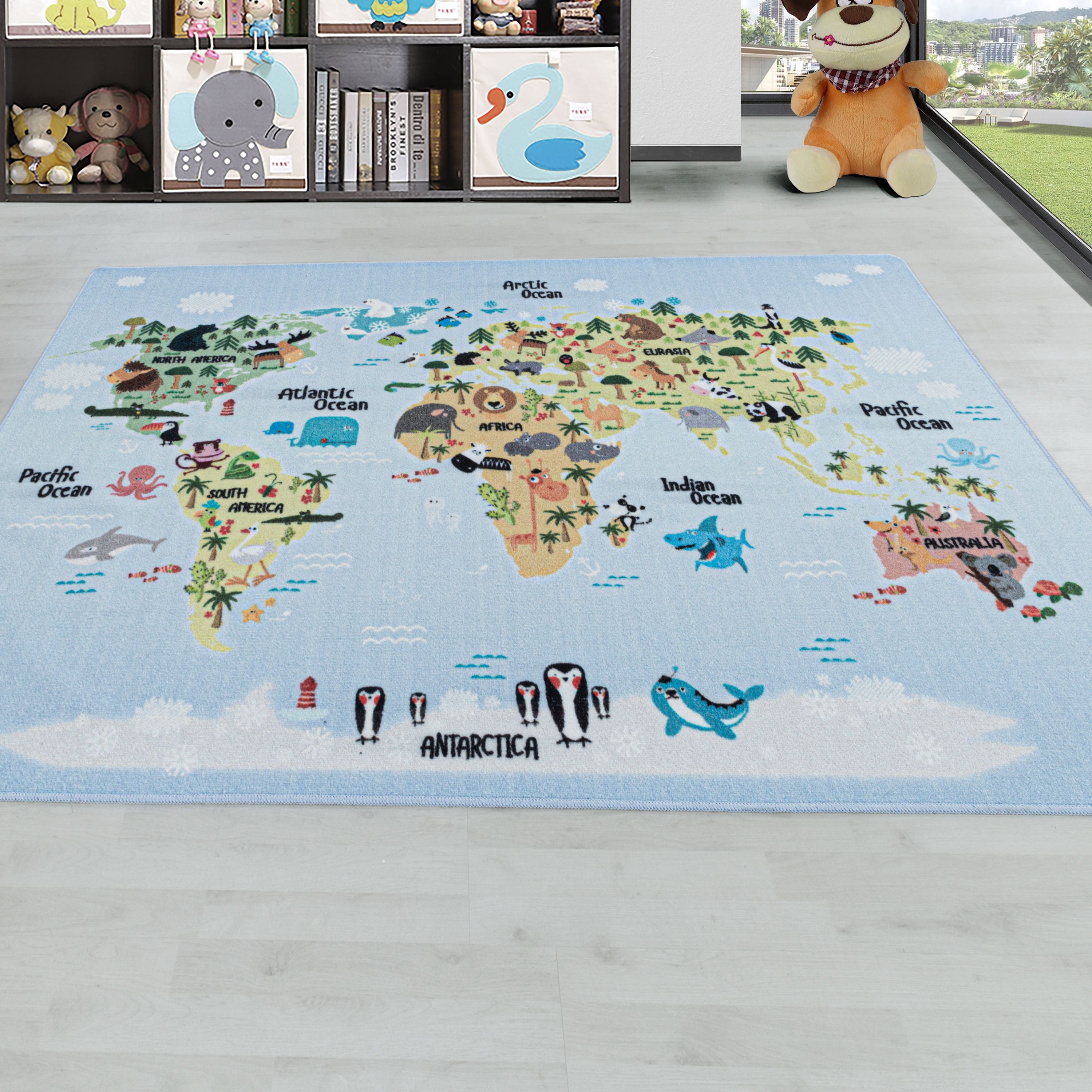 Kurzflor Kinderteppich Kinderzimmer Teppich Spielteppich Weltkarte Tiere Weiss