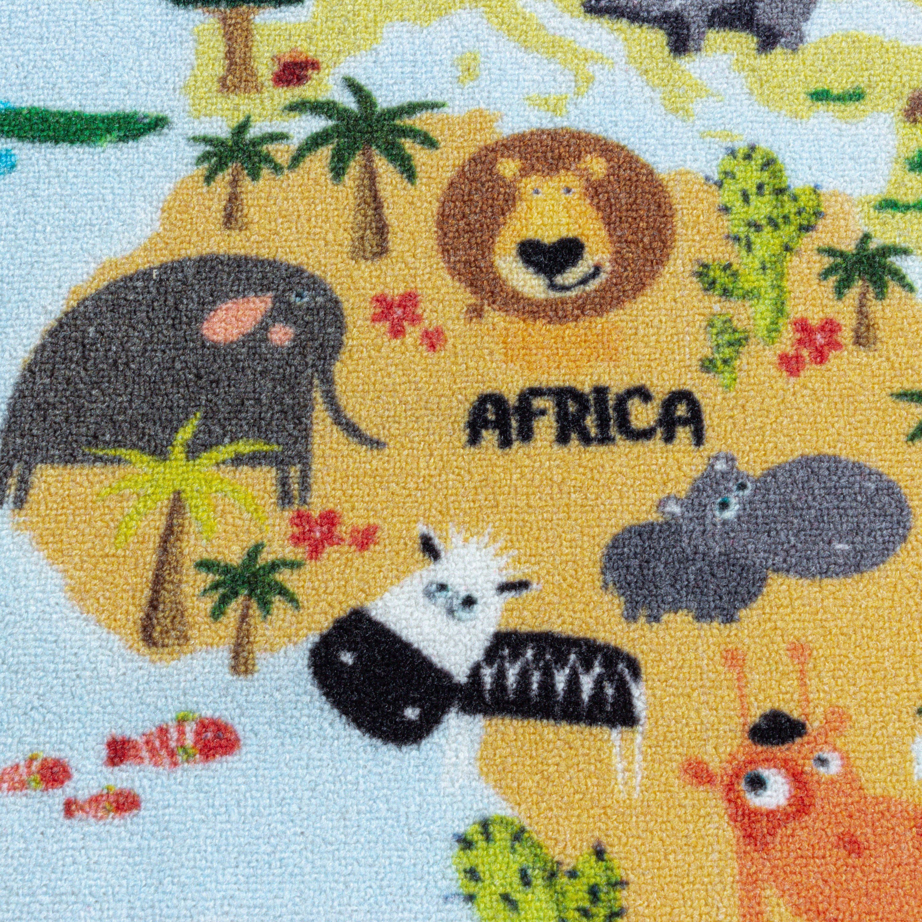 Kurzflor Kinderteppich Kinderzimmer Teppich Spielteppich Weltkarte Tiere Weiss