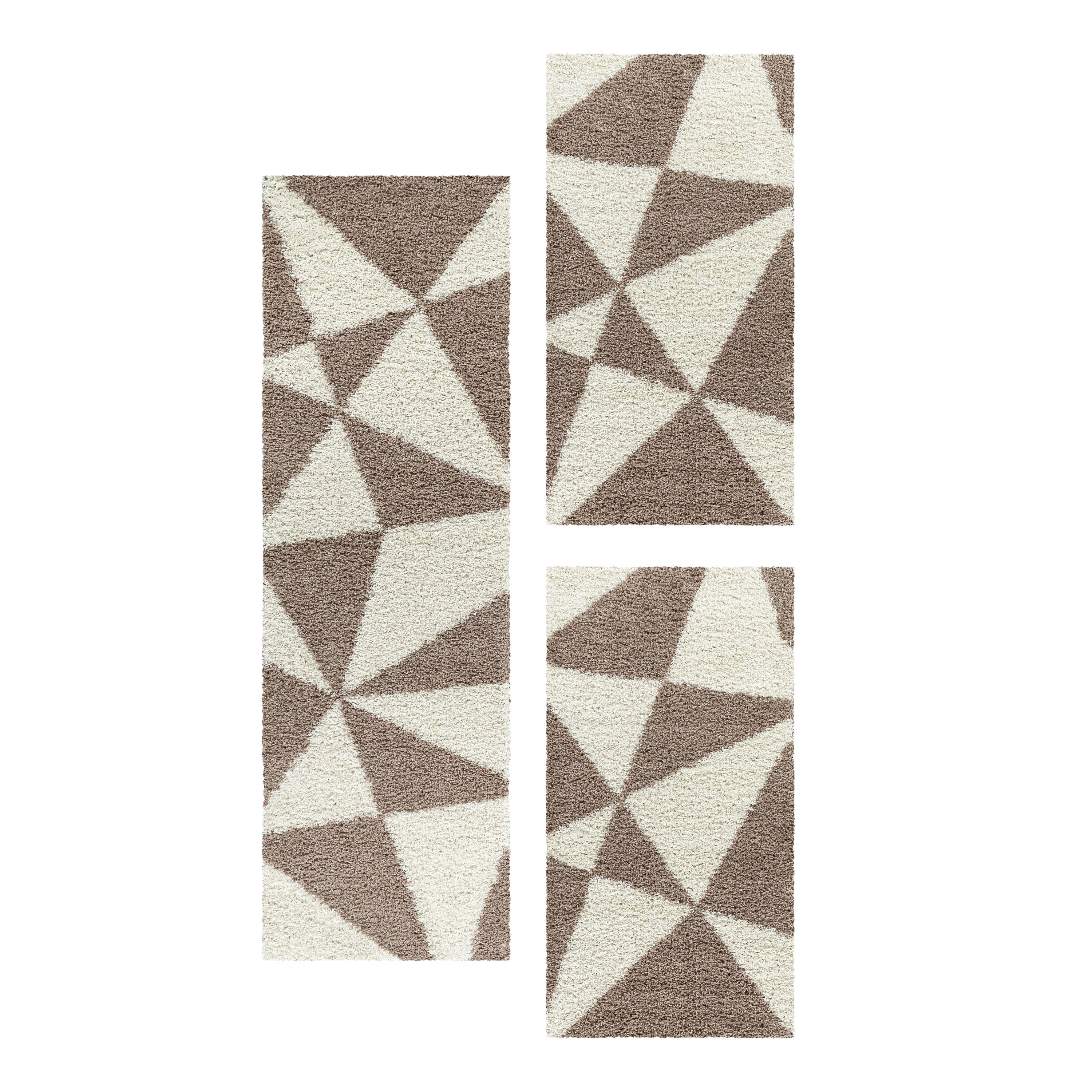 Design Teppich Set Shaggy Bettumrandung Läufer Set Muster Dreiecke 3 Teile Beige