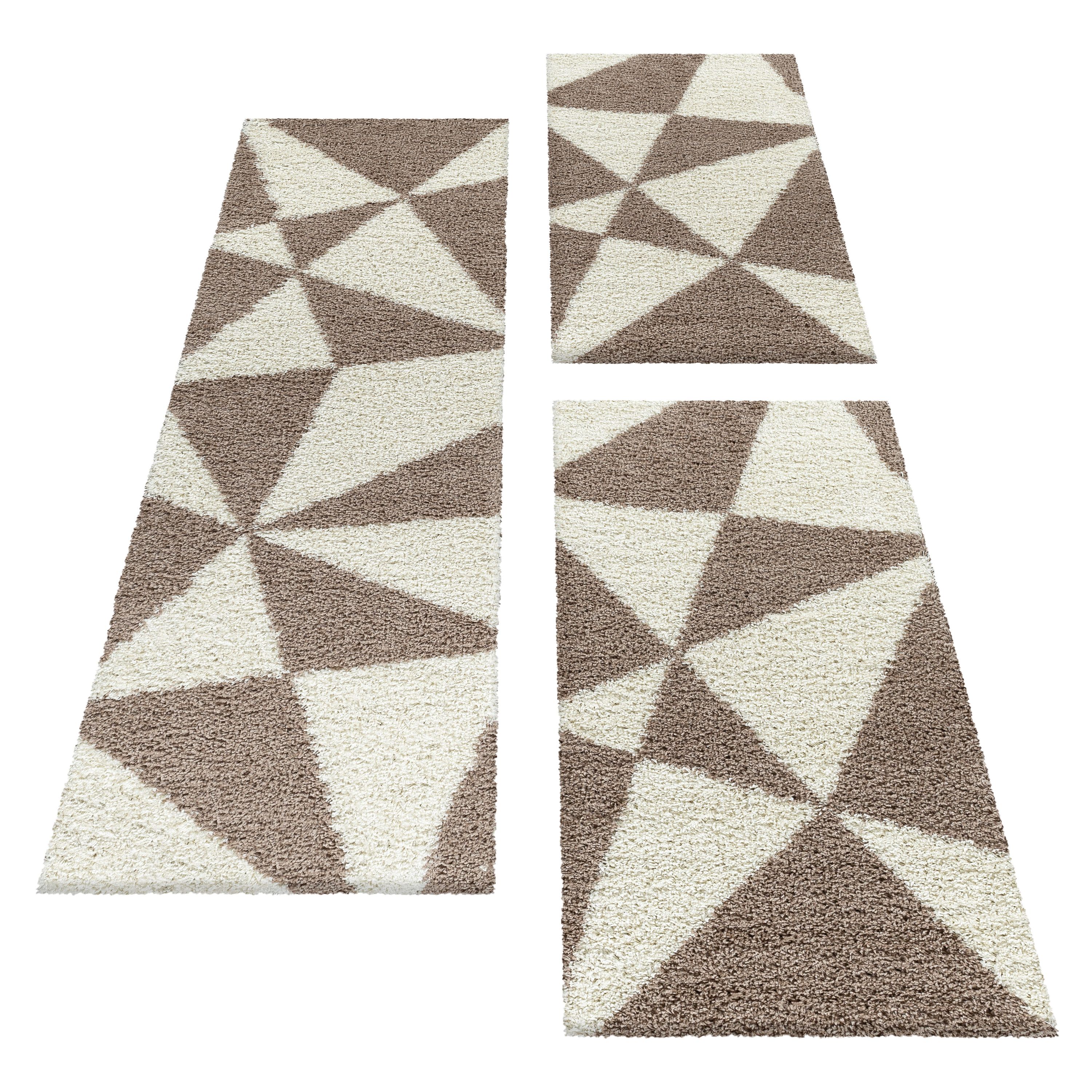 Design Teppich Set Shaggy Bettumrandung Läufer Set Muster Dreiecke 3 Teile Beige