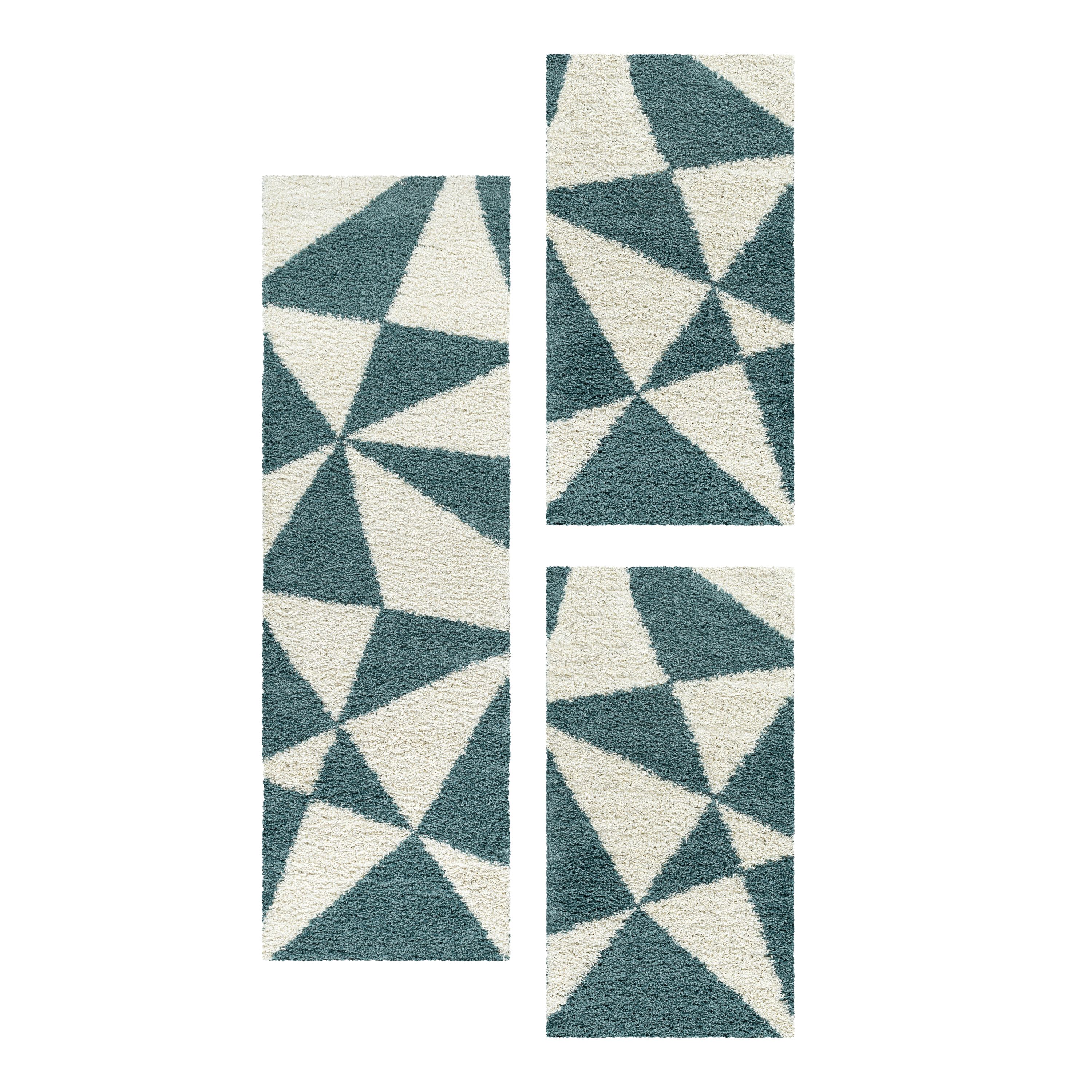 Design Teppich Set Shaggy Bettumrandung Läufer Set Muster Dreiecke 3 Teile Blau